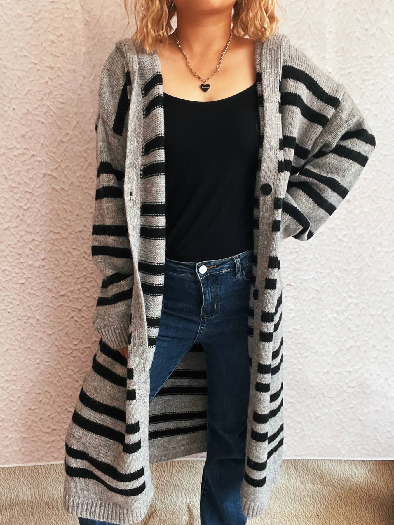 Striped Open Front Hooded Cardigan - Image 14