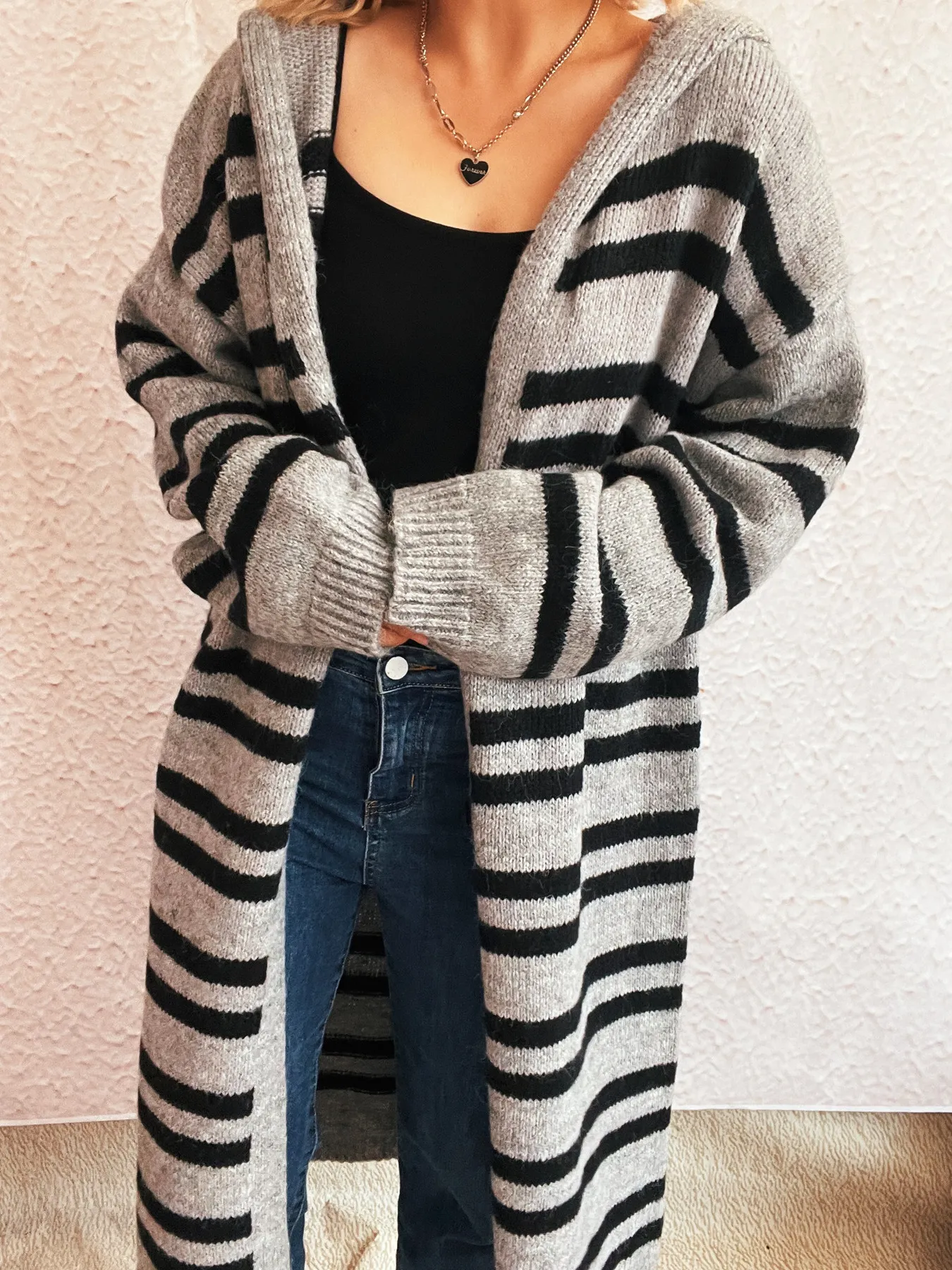Striped Open Front Hooded Cardigan - Image 16
