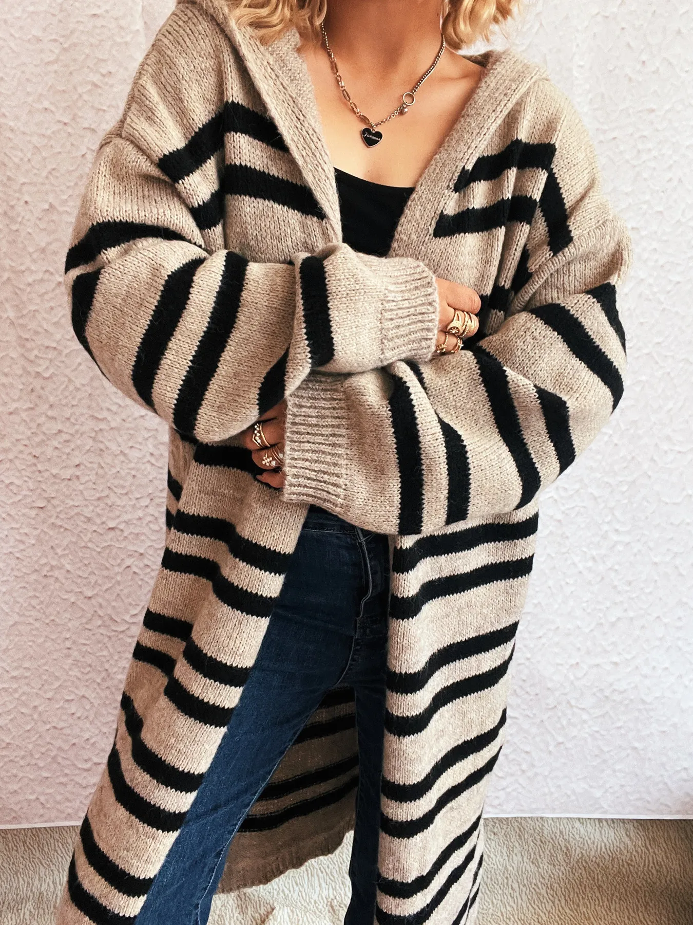 Striped Open Front Hooded Cardigan - Image 2