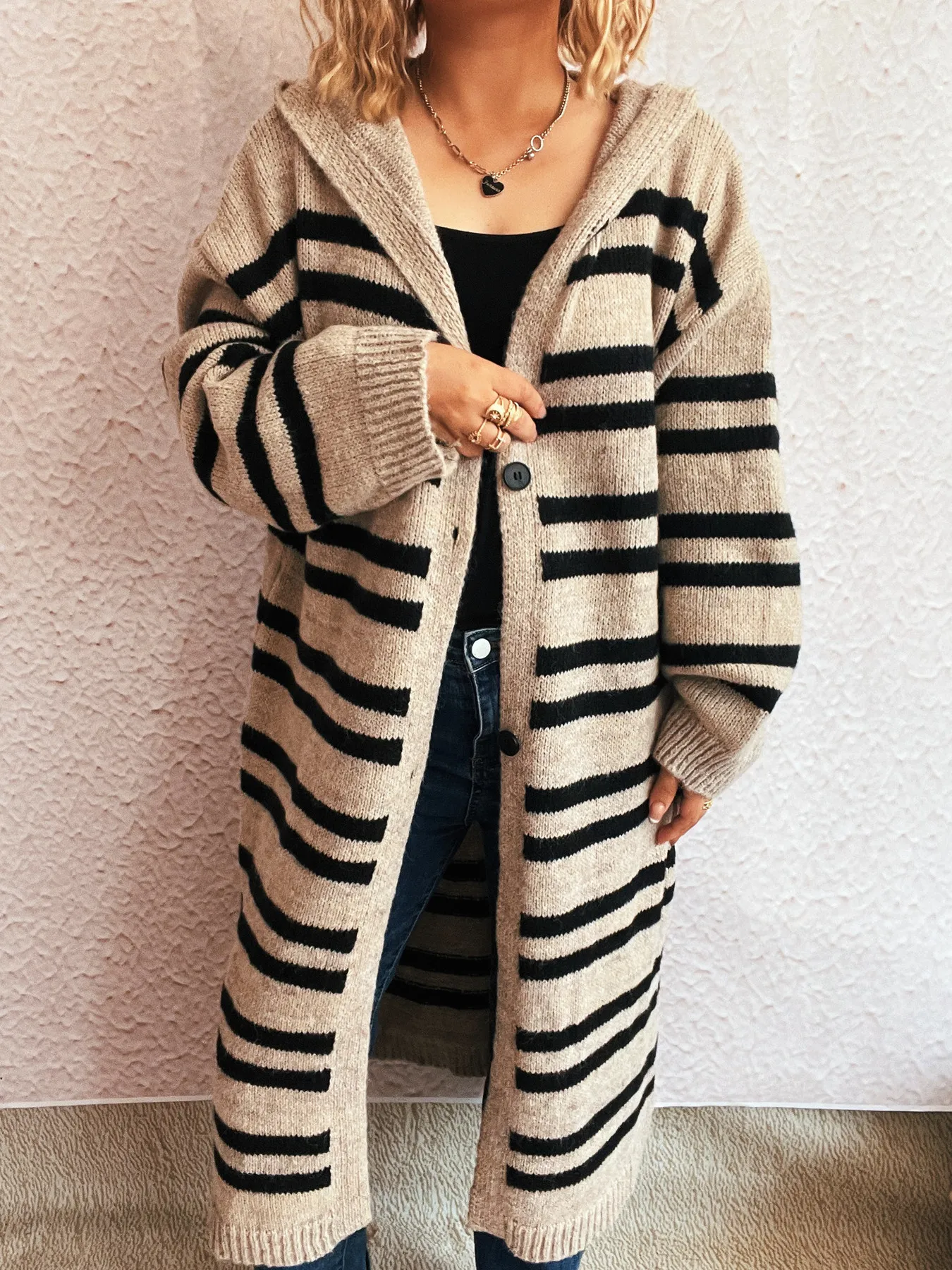 Striped Open Front Hooded Cardigan - Image 5
