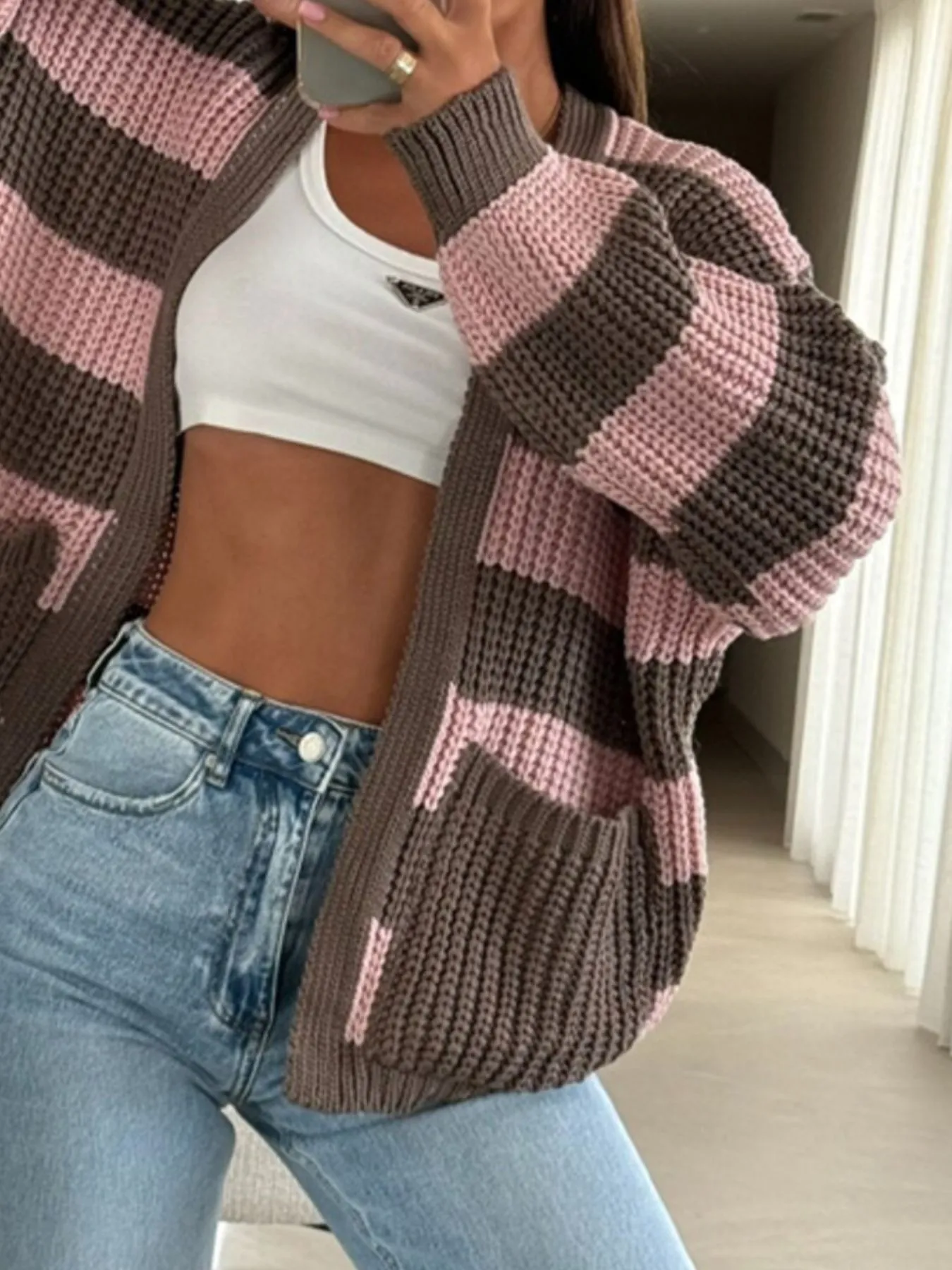 Striped Open Front Long Sleeve Cardigan - Image 11