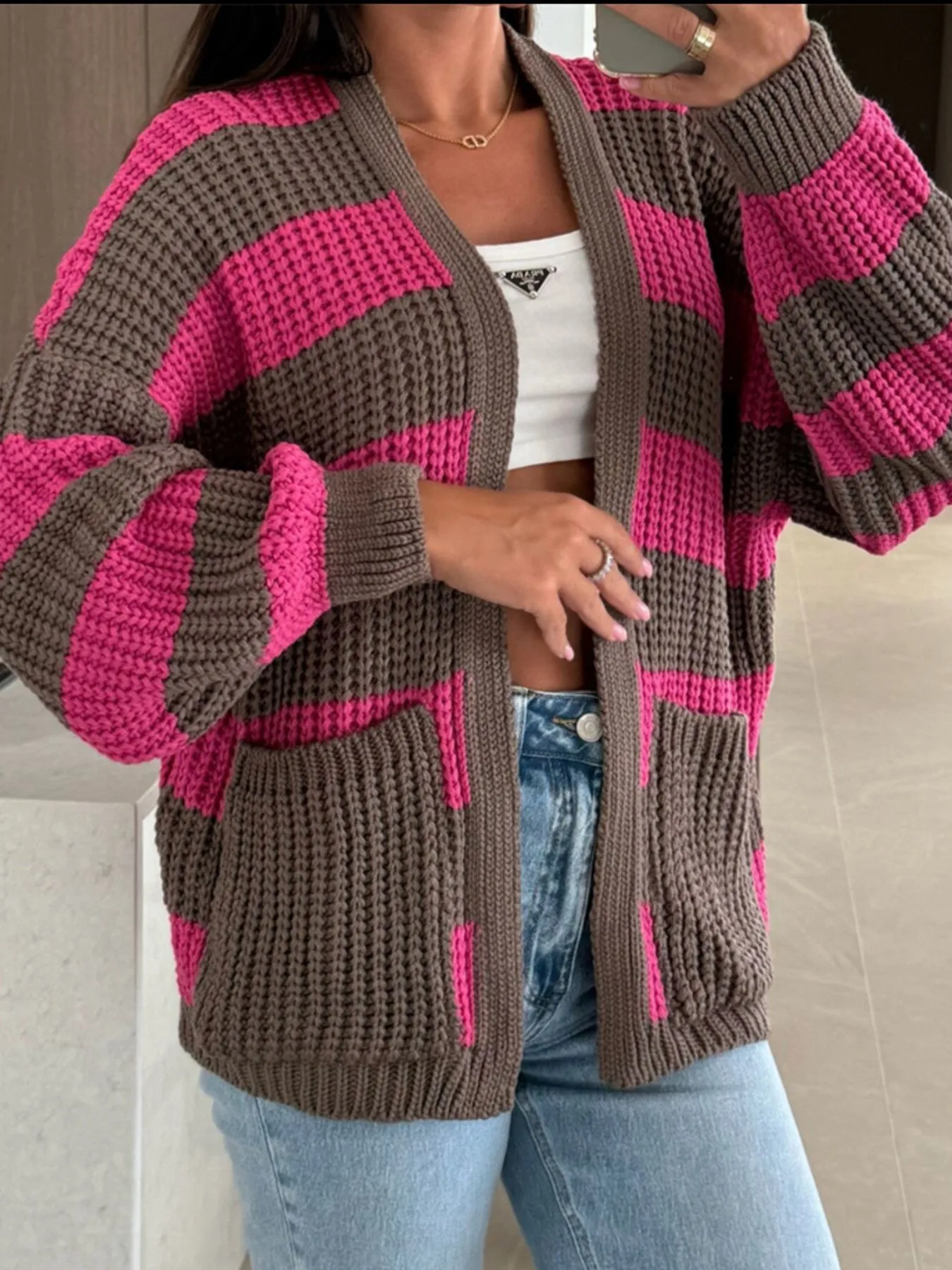 Striped Open Front Long Sleeve Cardigan - Image 3