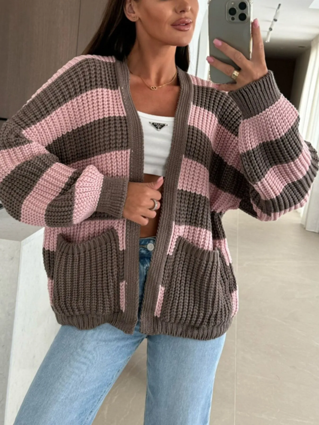 Striped Open Front Long Sleeve Cardigan - Image 9