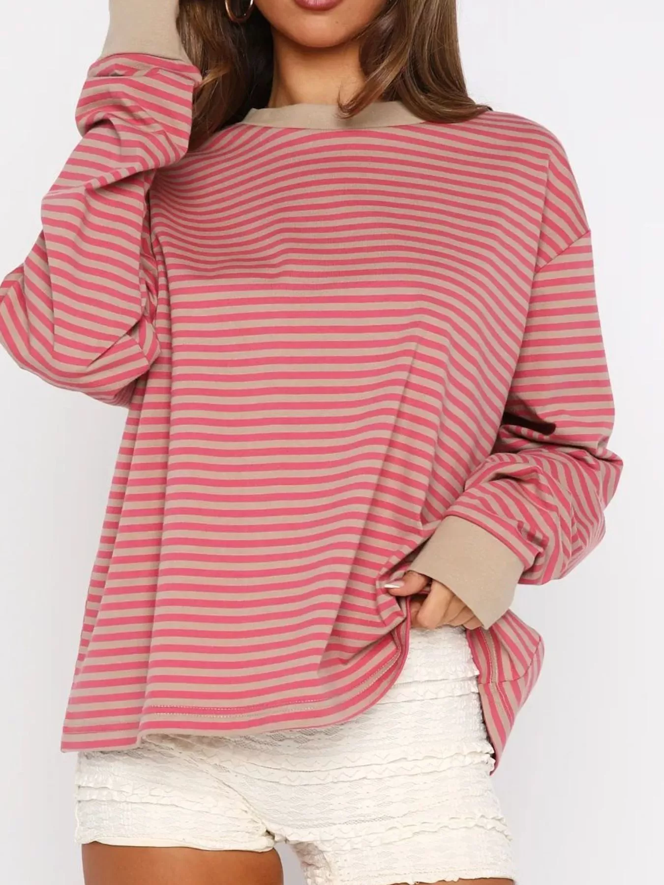 Striped Oversized Round Neck Sweatshirt - Image 13