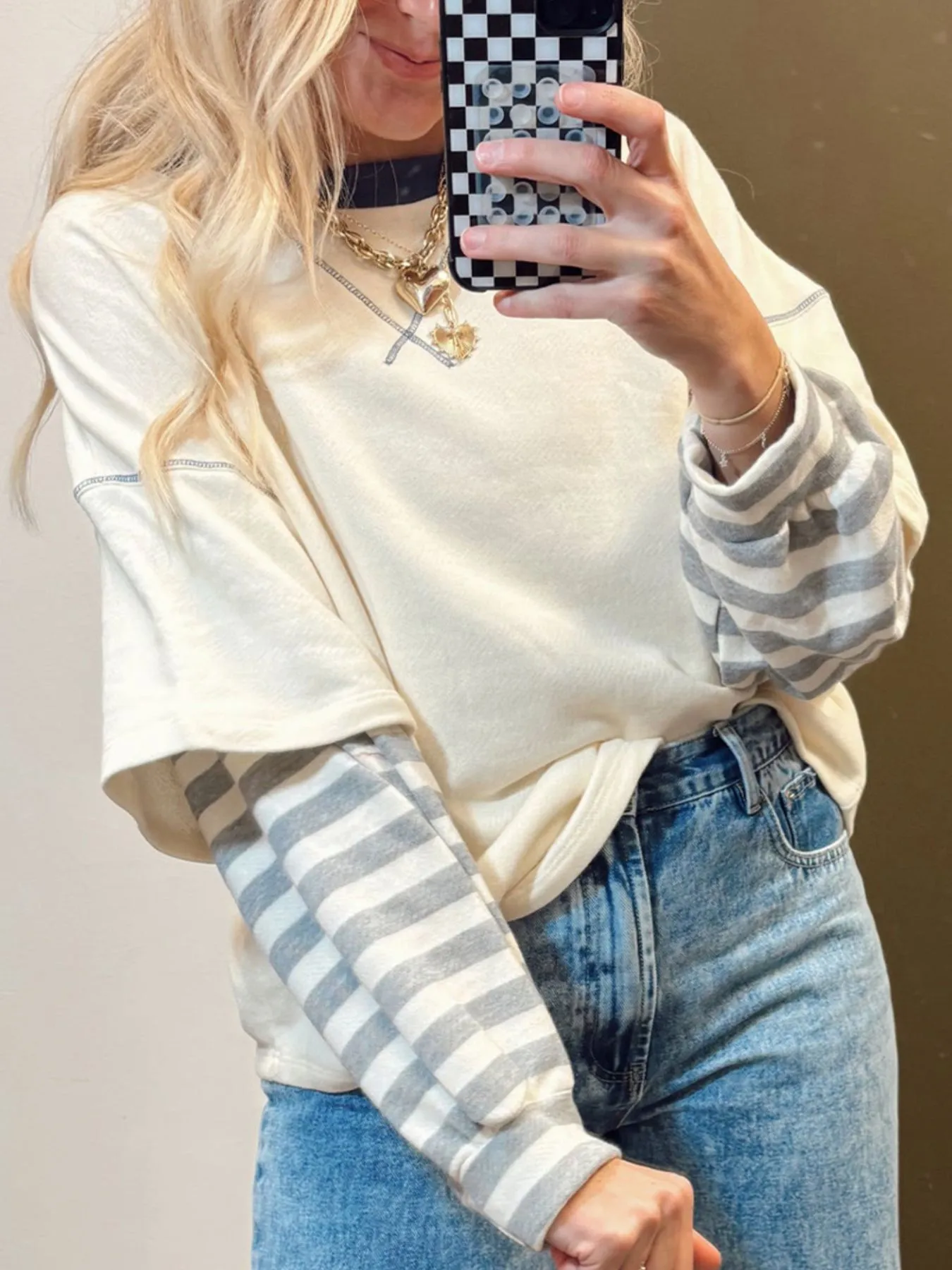 Striped Patchwork Long Sleeve Round Neck Two-in-one Top - Image 3