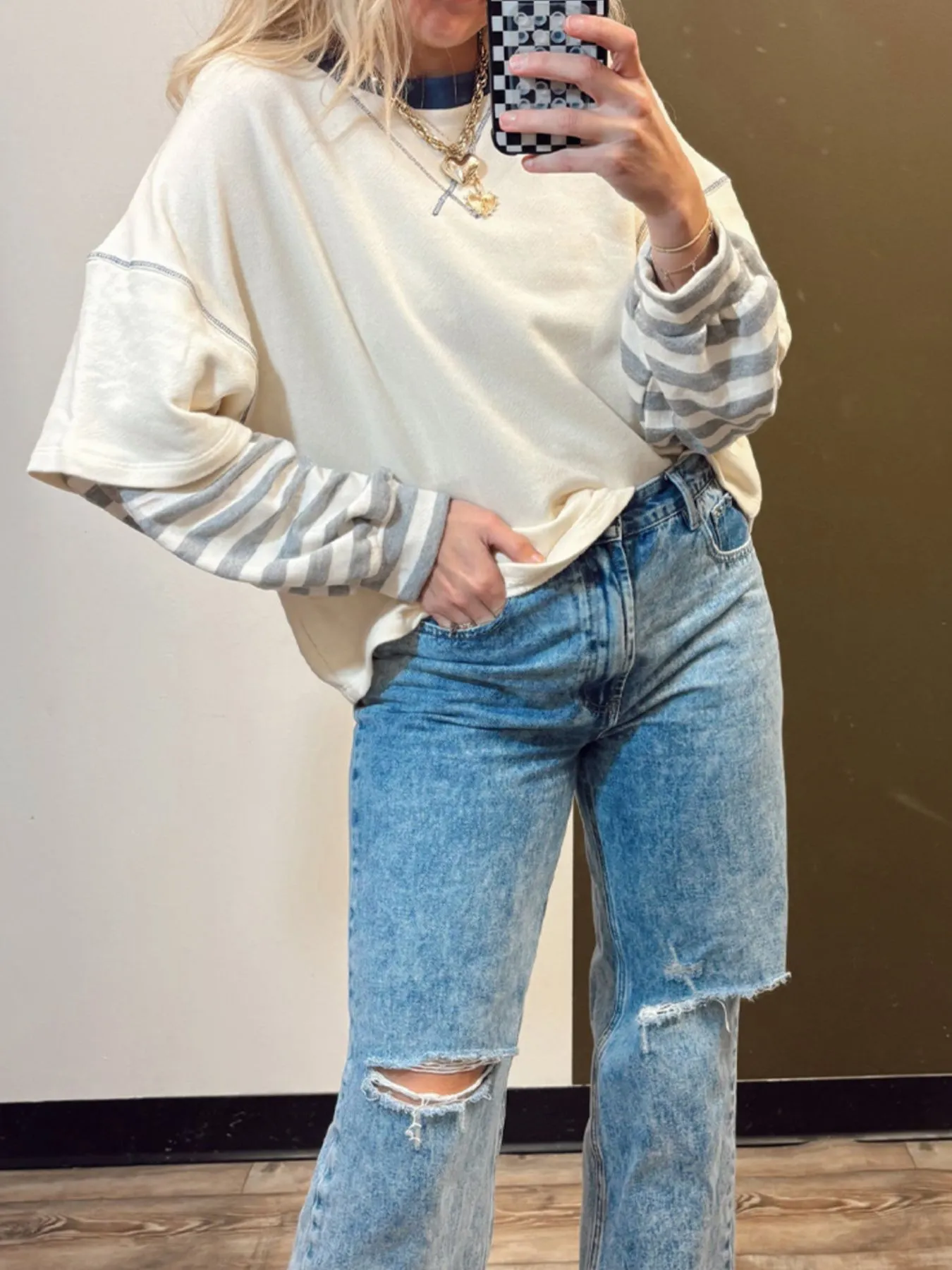 Striped Patchwork Long Sleeve Round Neck Two-in-one Top - Image 4