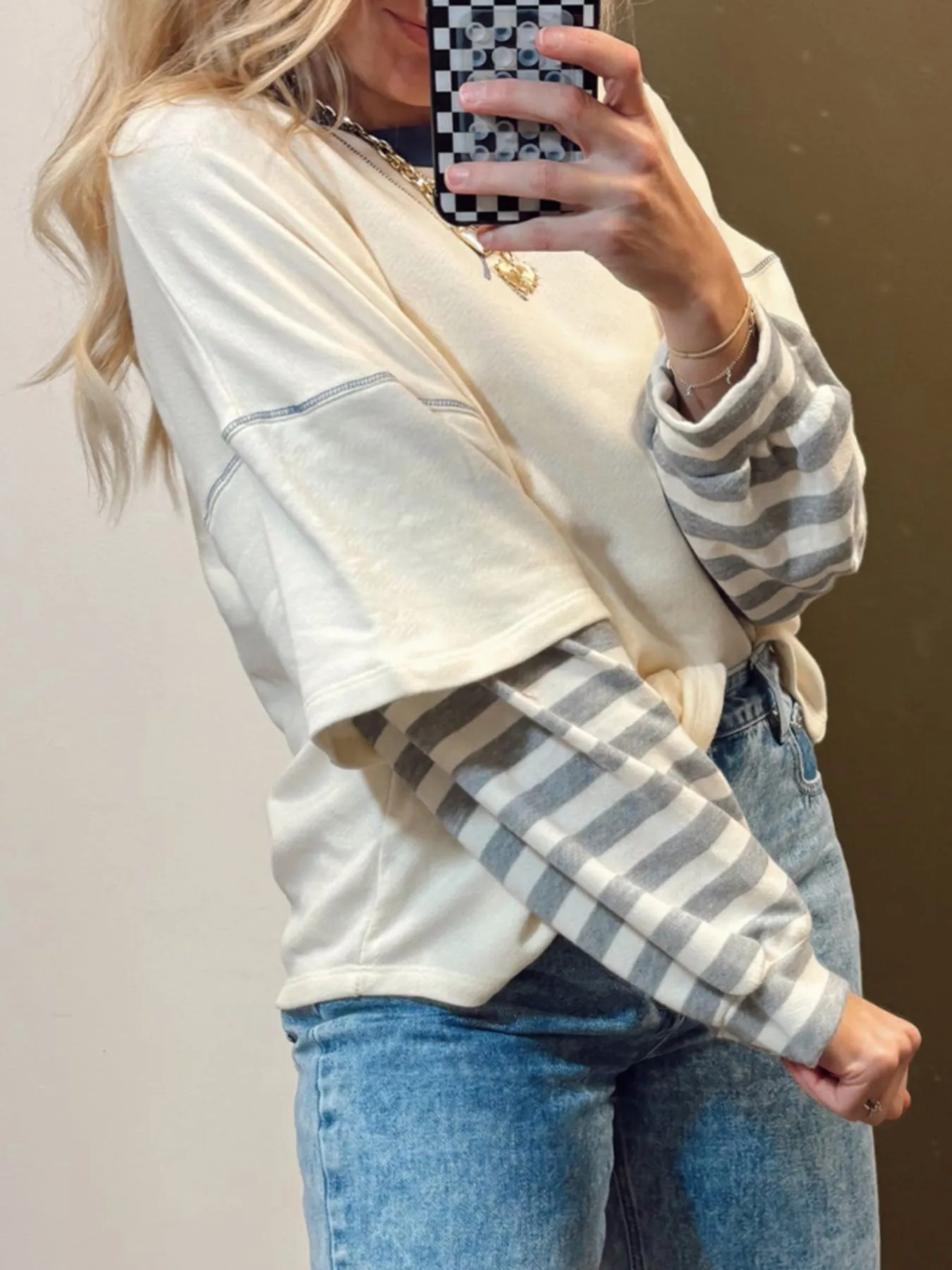 Striped Patchwork Long Sleeve Round Neck Two-in-one Top - Image 5