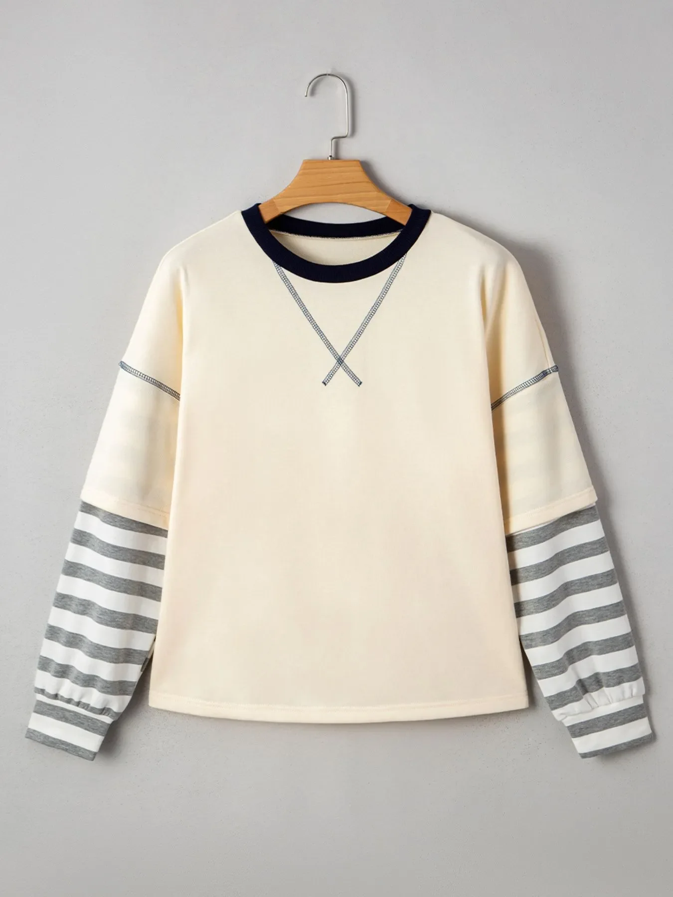 Striped Patchwork Long Sleeve Round Neck Two-in-one Top - Image 6