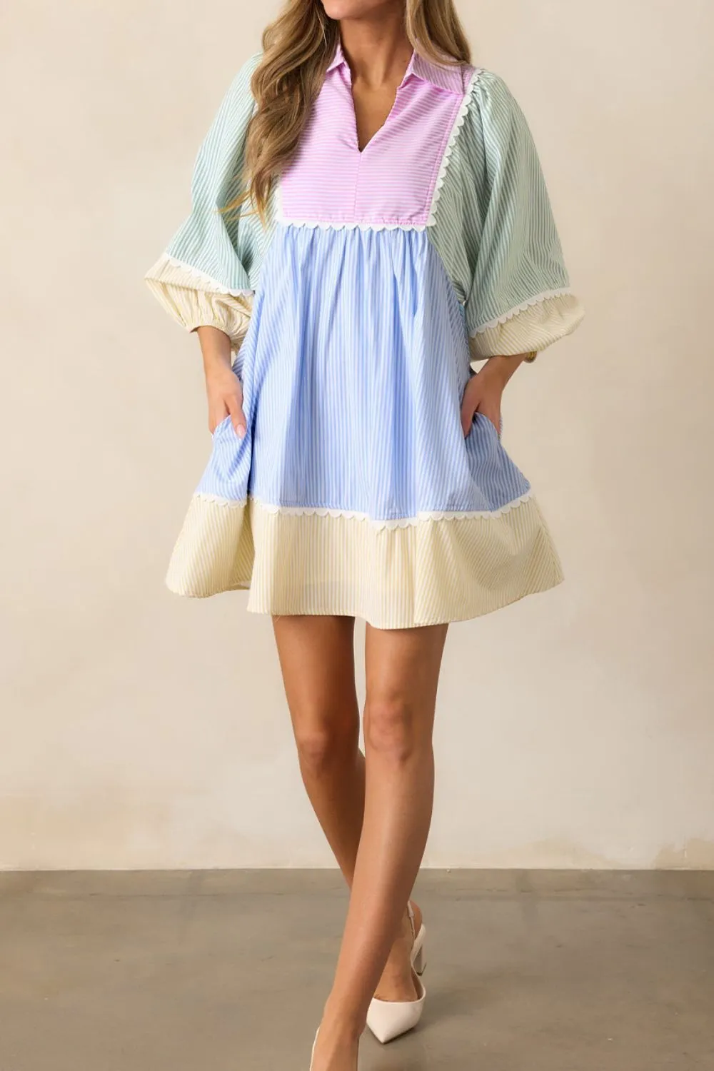 Striped Patchwork Ric Rac Puff Sleeve Collared Mini Dress - Image 5