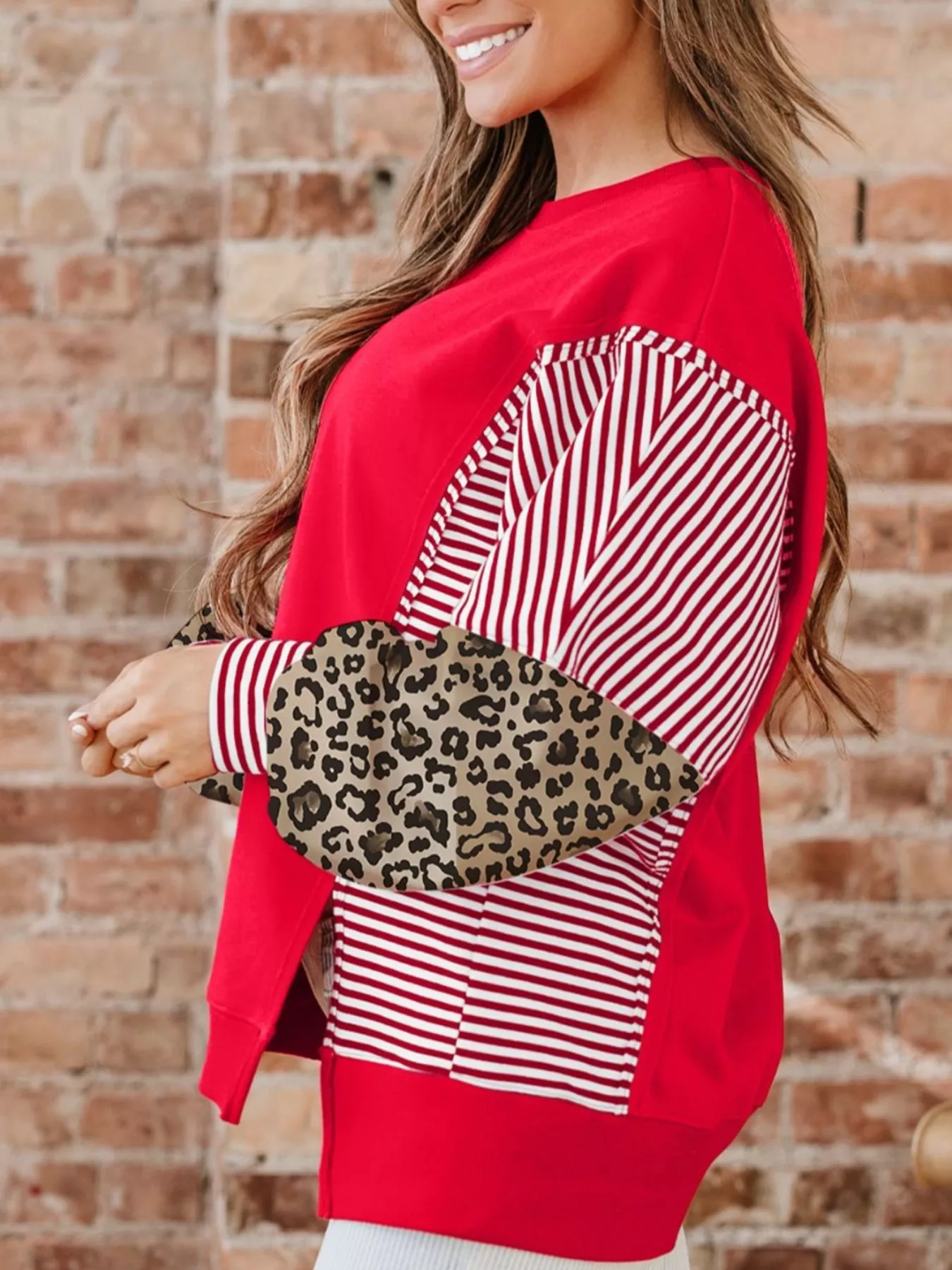Striped Patchwork Sleeve Colorblock Sweatshirt - Image 6
