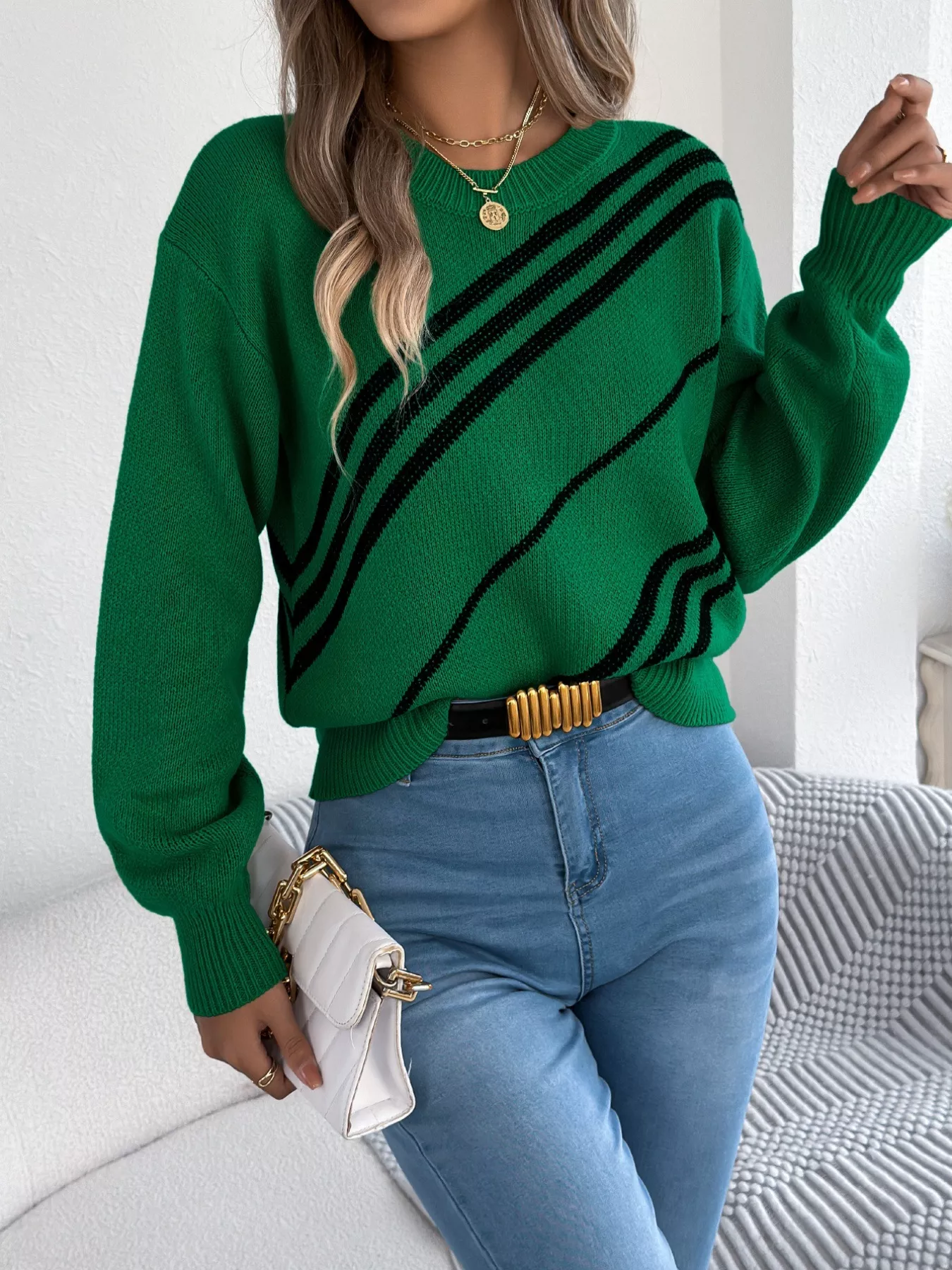 Striped Pattern Casual Round Neck Sweater - Image 16