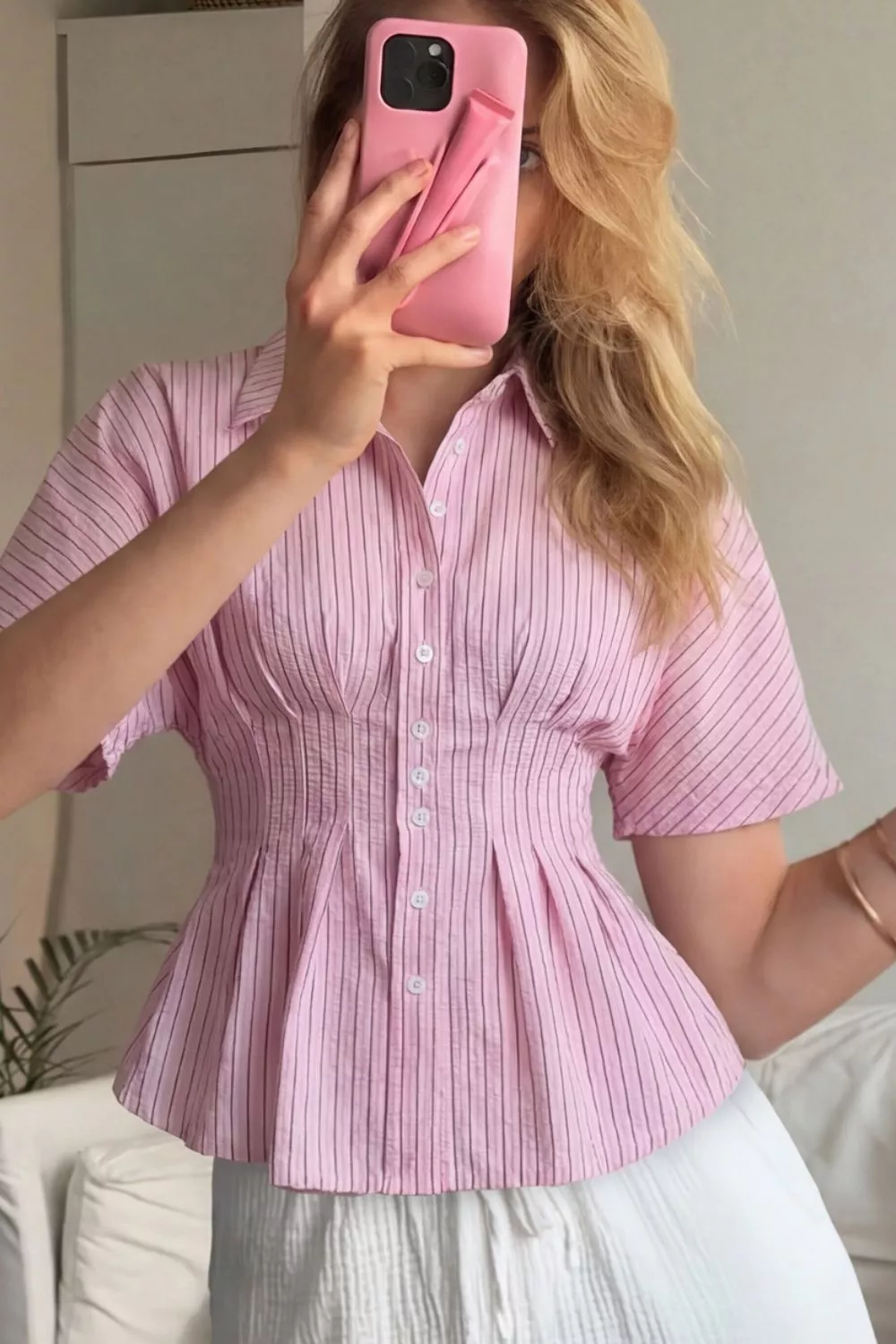 Striped Peplum Button Up Shirt - Image 5