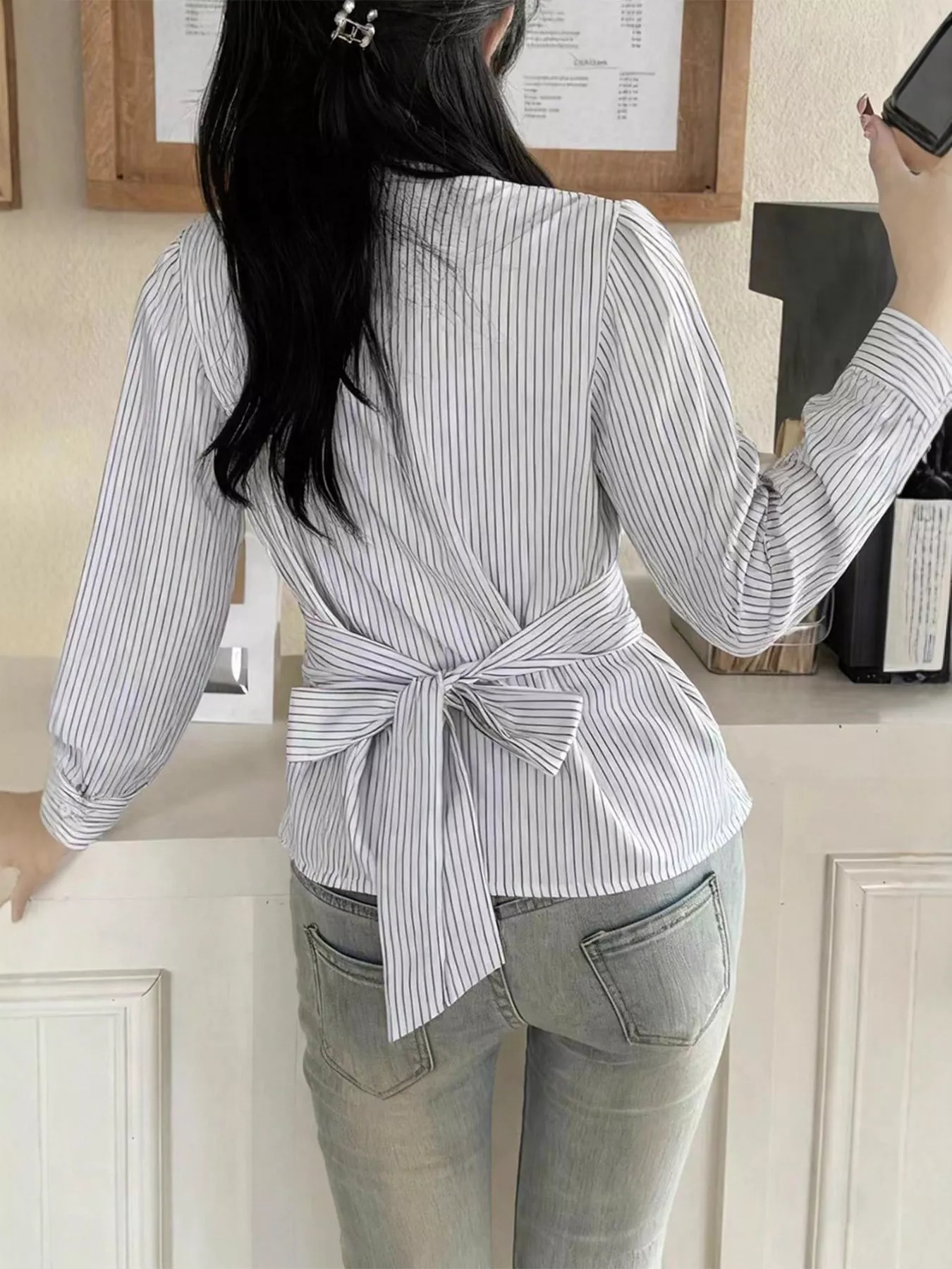 Striped Peplum Button Up Shirt - Image 3