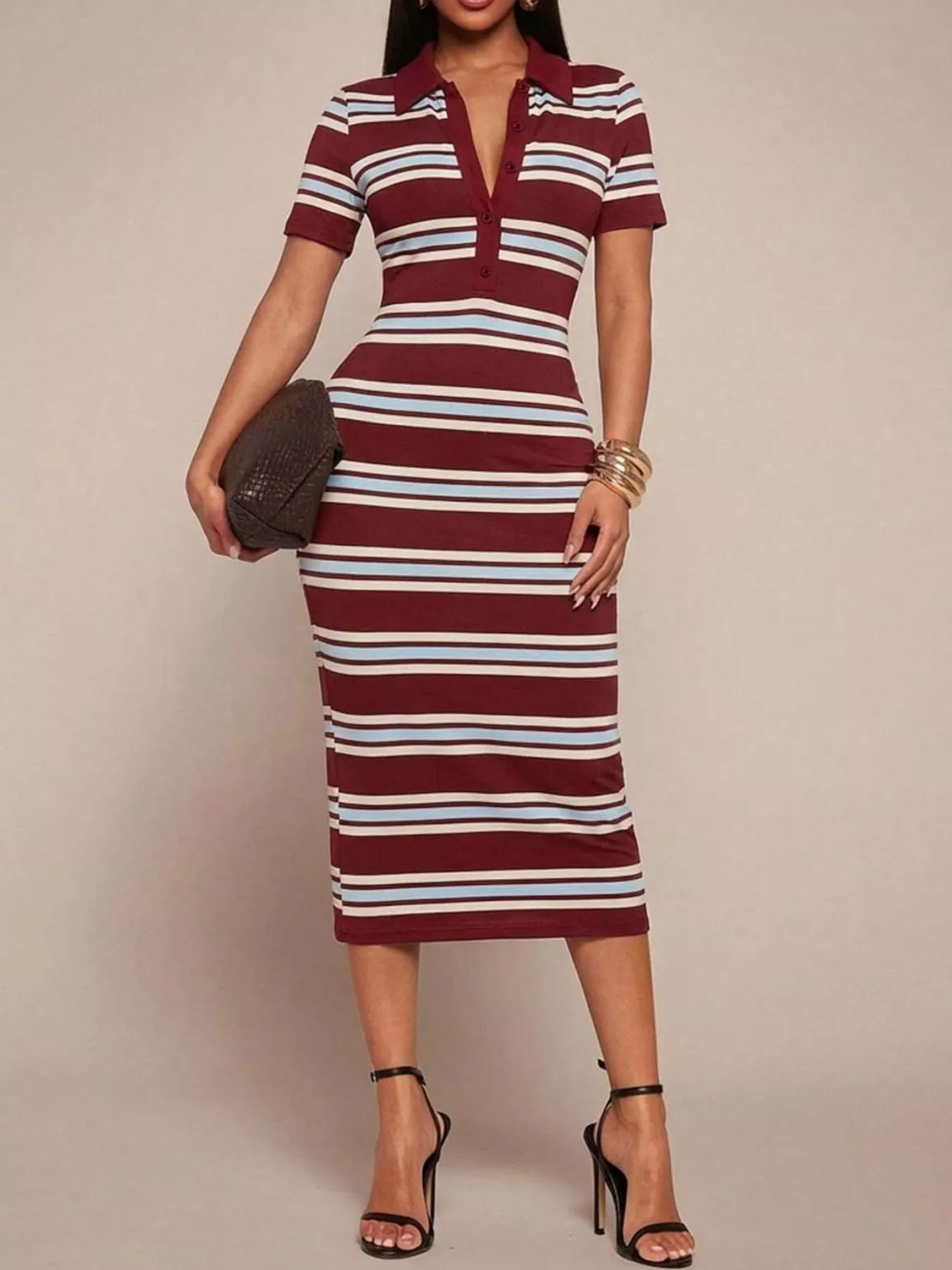 Striped Polo Collar Midi Dress - Image 19
