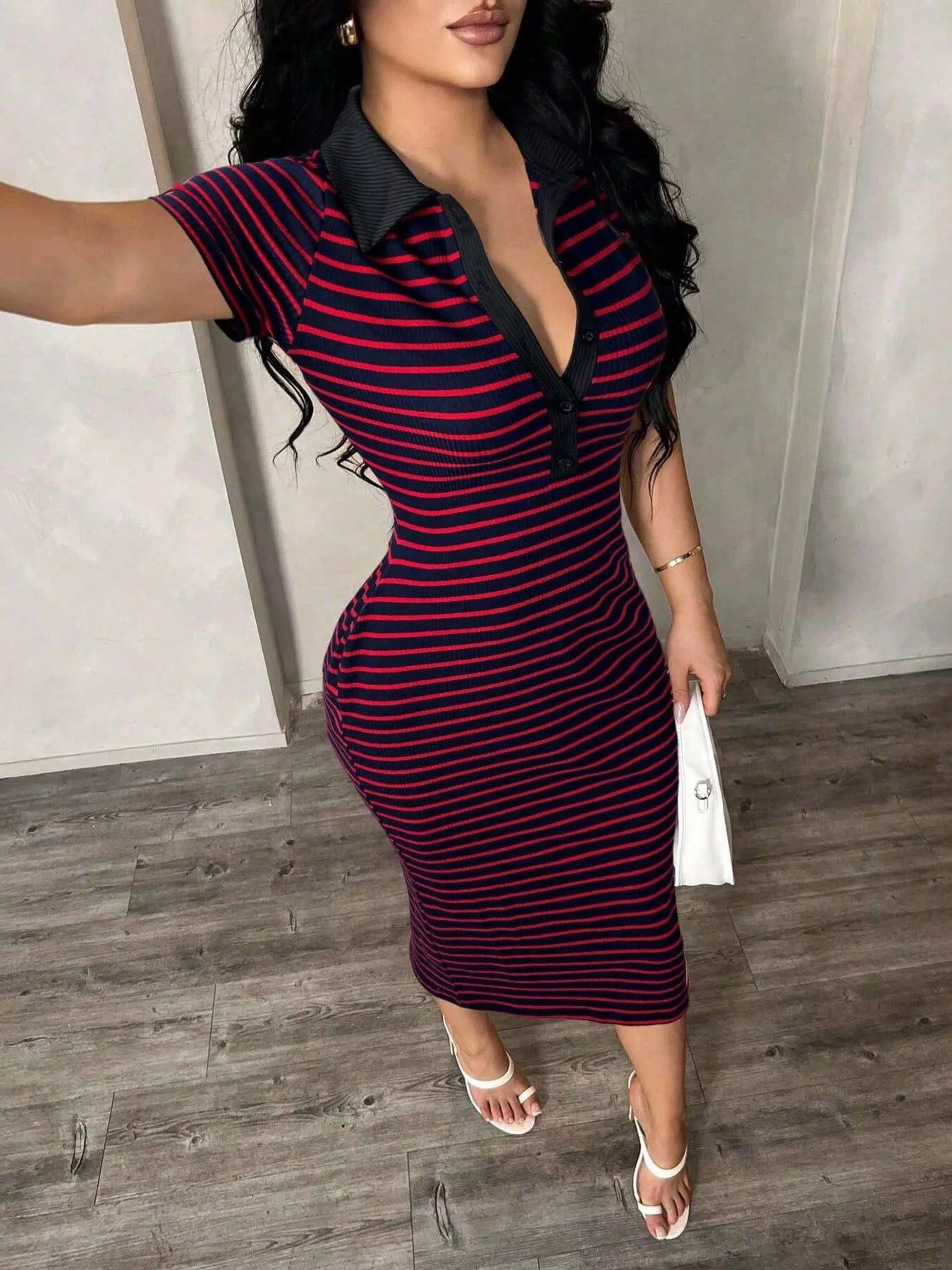 Striped Polo Collar Midi Dress - Image 8