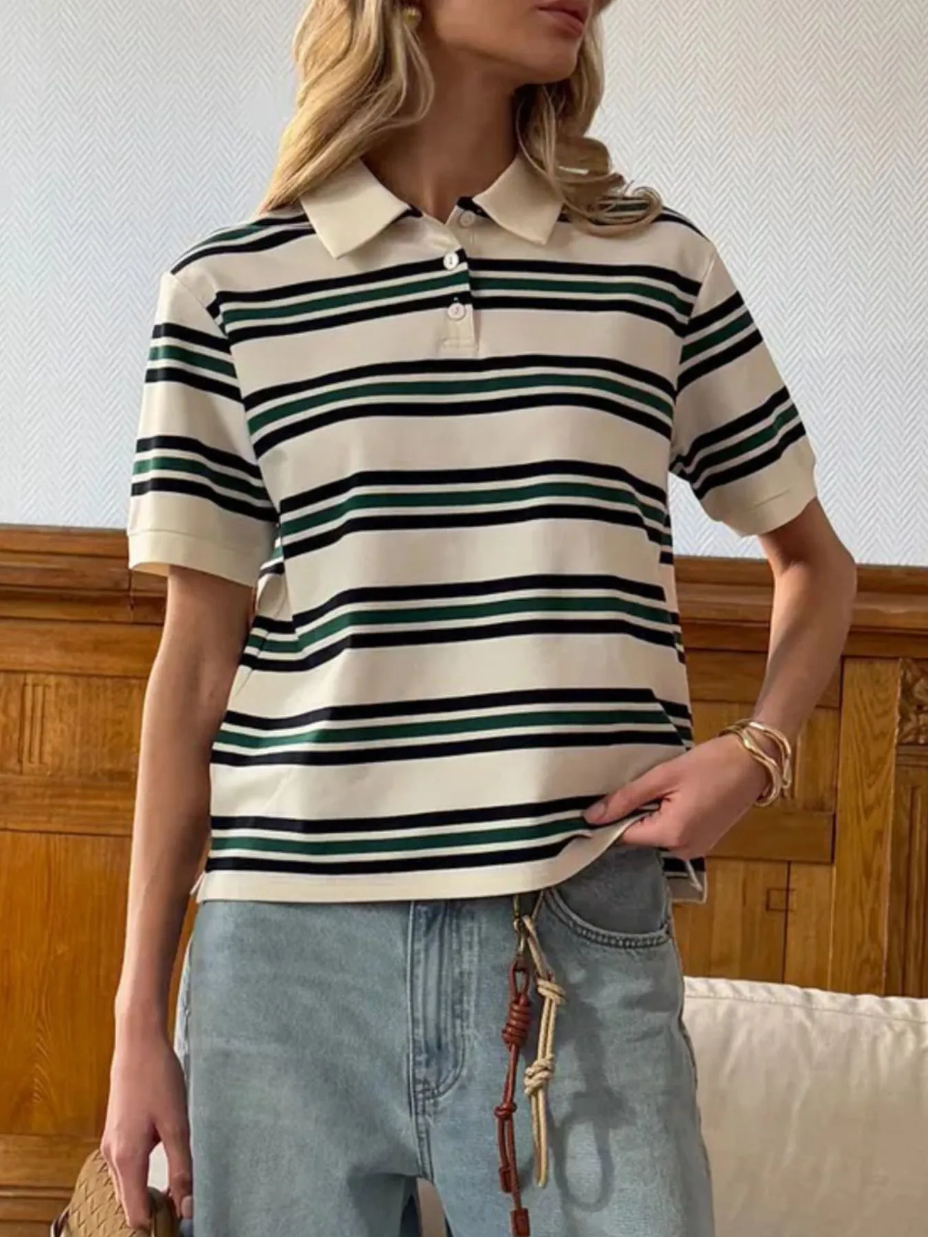 Striped Polo T-Shirt with Contrast Collar - Image 7