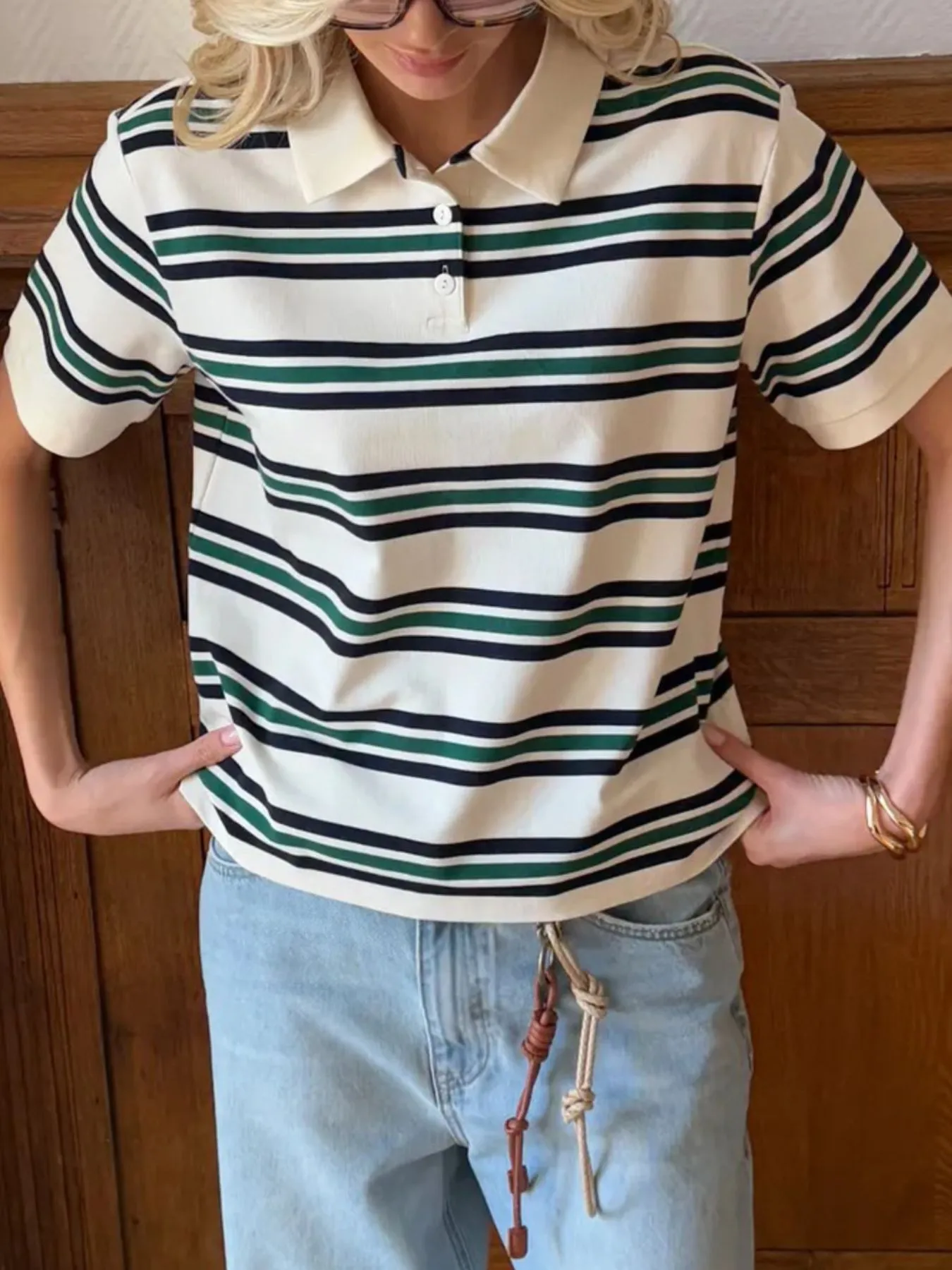 Striped Polo T-Shirt with Contrast Collar - Image 9