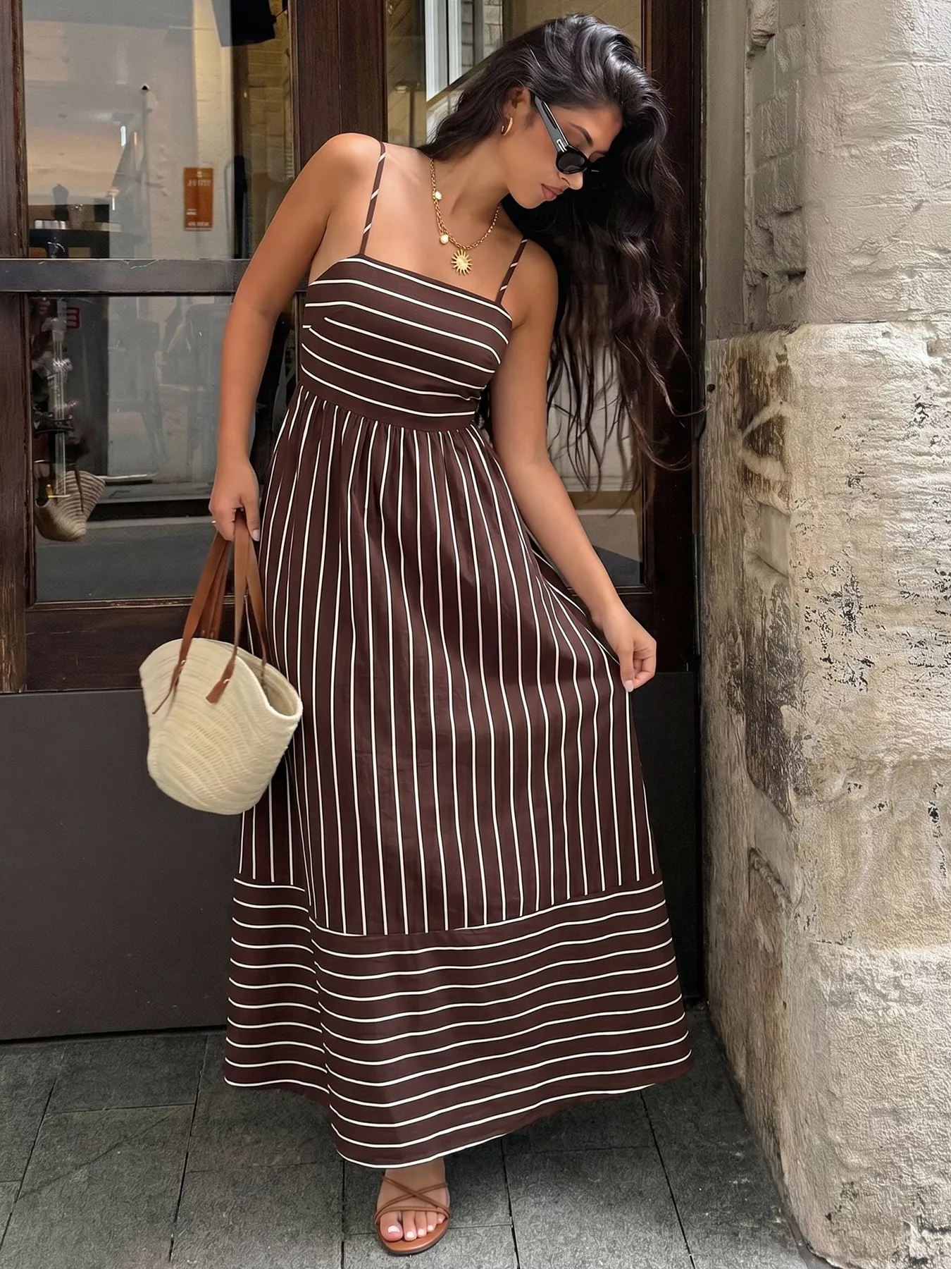 Striped Print Spaghetti Strap Maxi Dress - Image 11