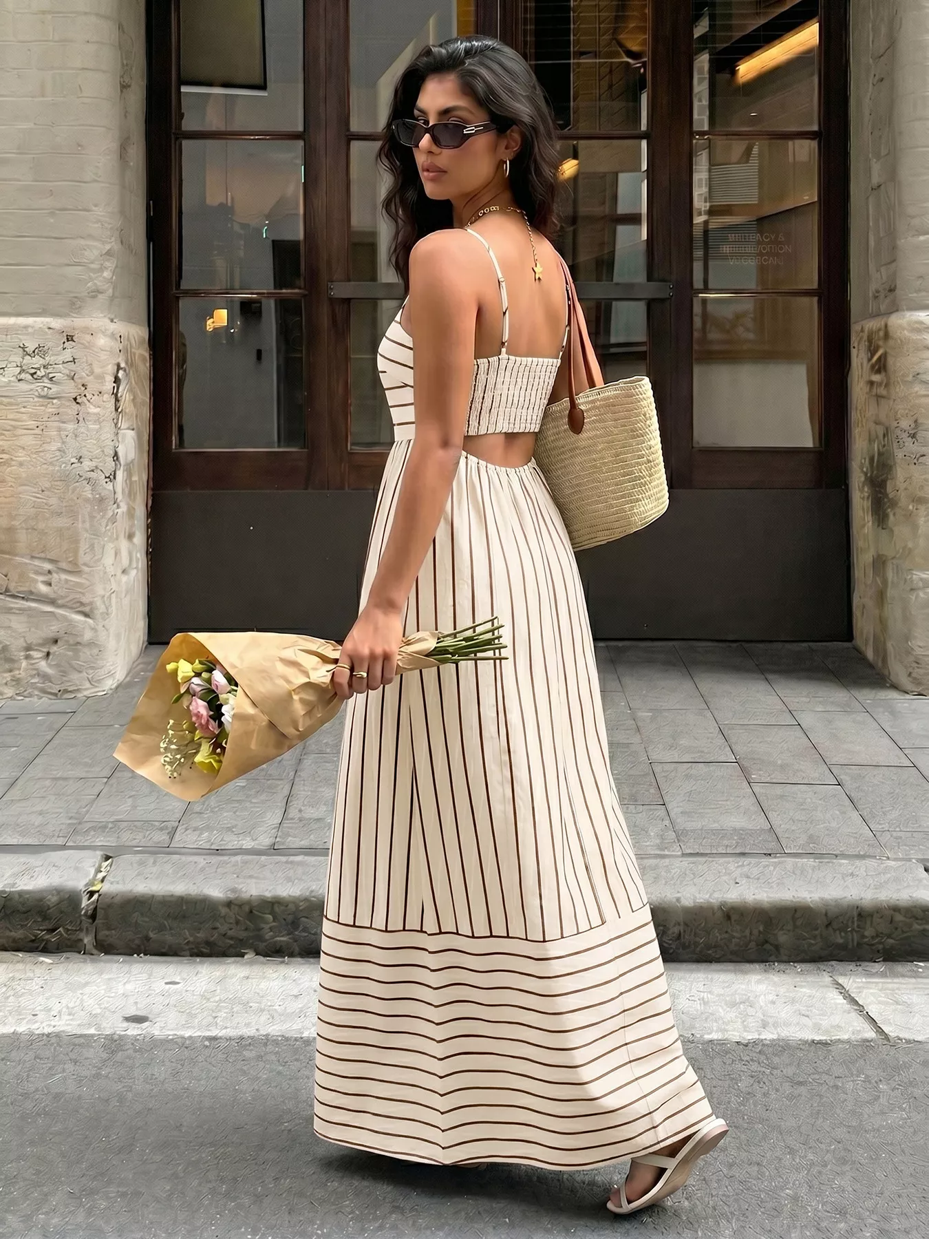 Striped Print Spaghetti Strap Maxi Dress - Image 3