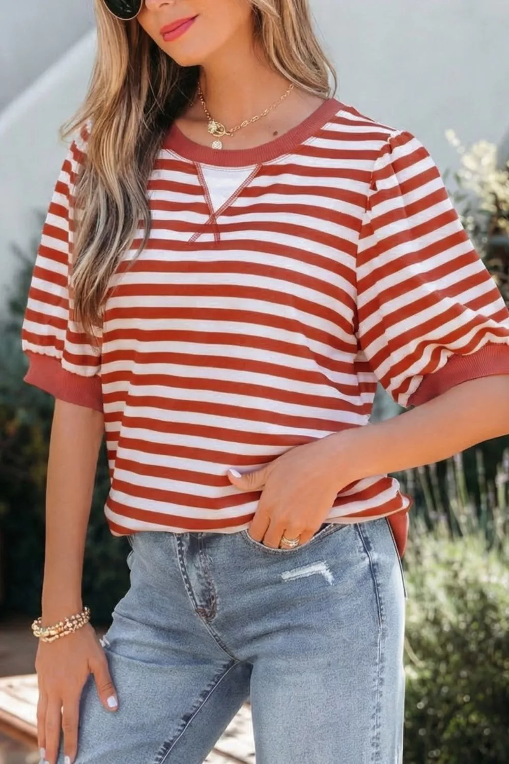 Striped Puff Sleeve Casual T-Shirt - Image 3