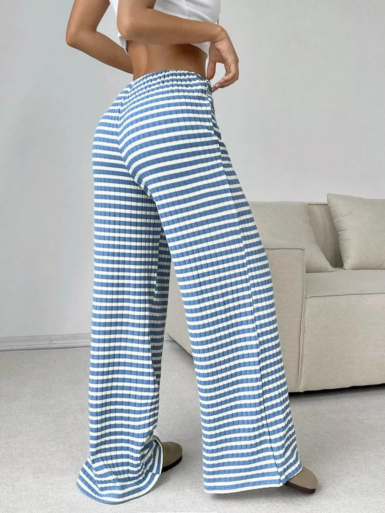 Striped Ribbed Knit Drawstring Waist Wide Leg Pants - Image 16