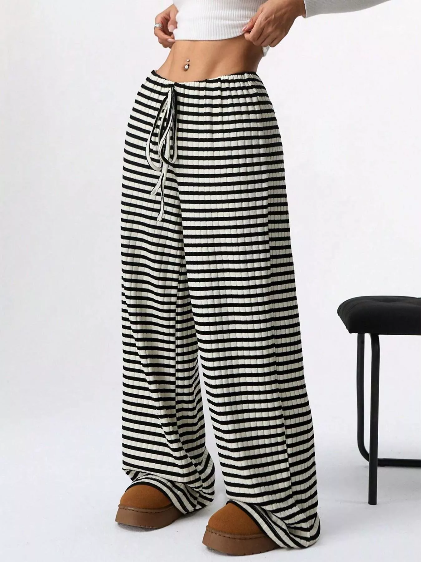 Striped Ribbed Knit Drawstring Waist Wide Leg Pants - Image 9