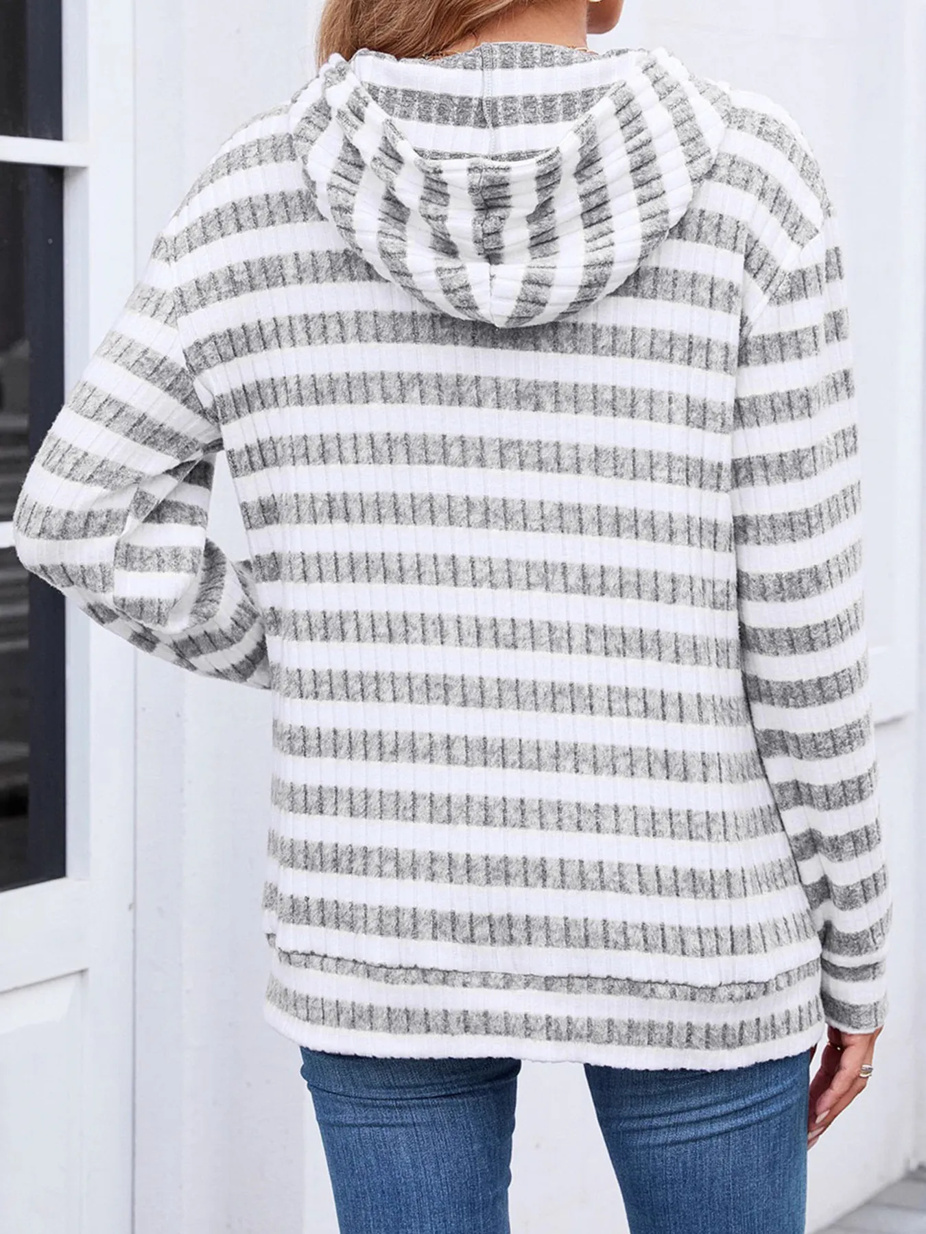 Striped Ribbed Knit Hoodie with Kangaroo Pocket - Image 3