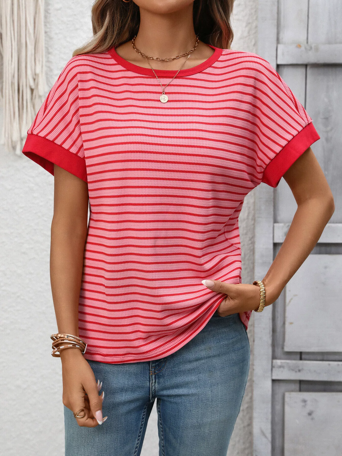 Striped Ribbed Knit Short Sleeve T-Shirt - Image 2