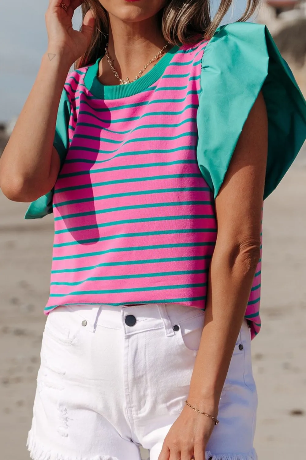 Striped Round Neck Cap Sleeve Blouse - Image 3