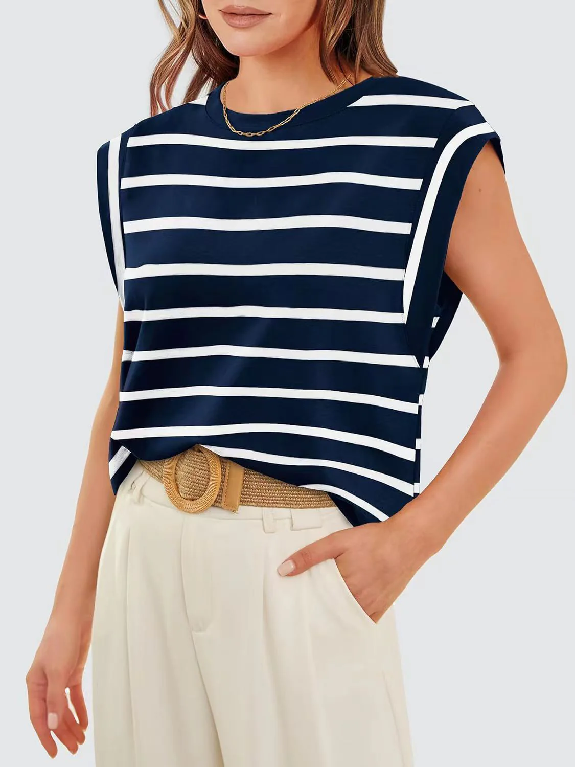Striped Round Neck Cap Sleeve T-Shirt - Image 18