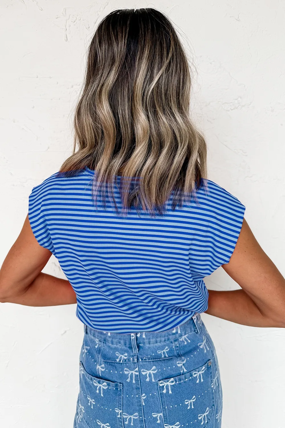 Striped Round Neck Cap Sleeve T-Shirt - Image 2