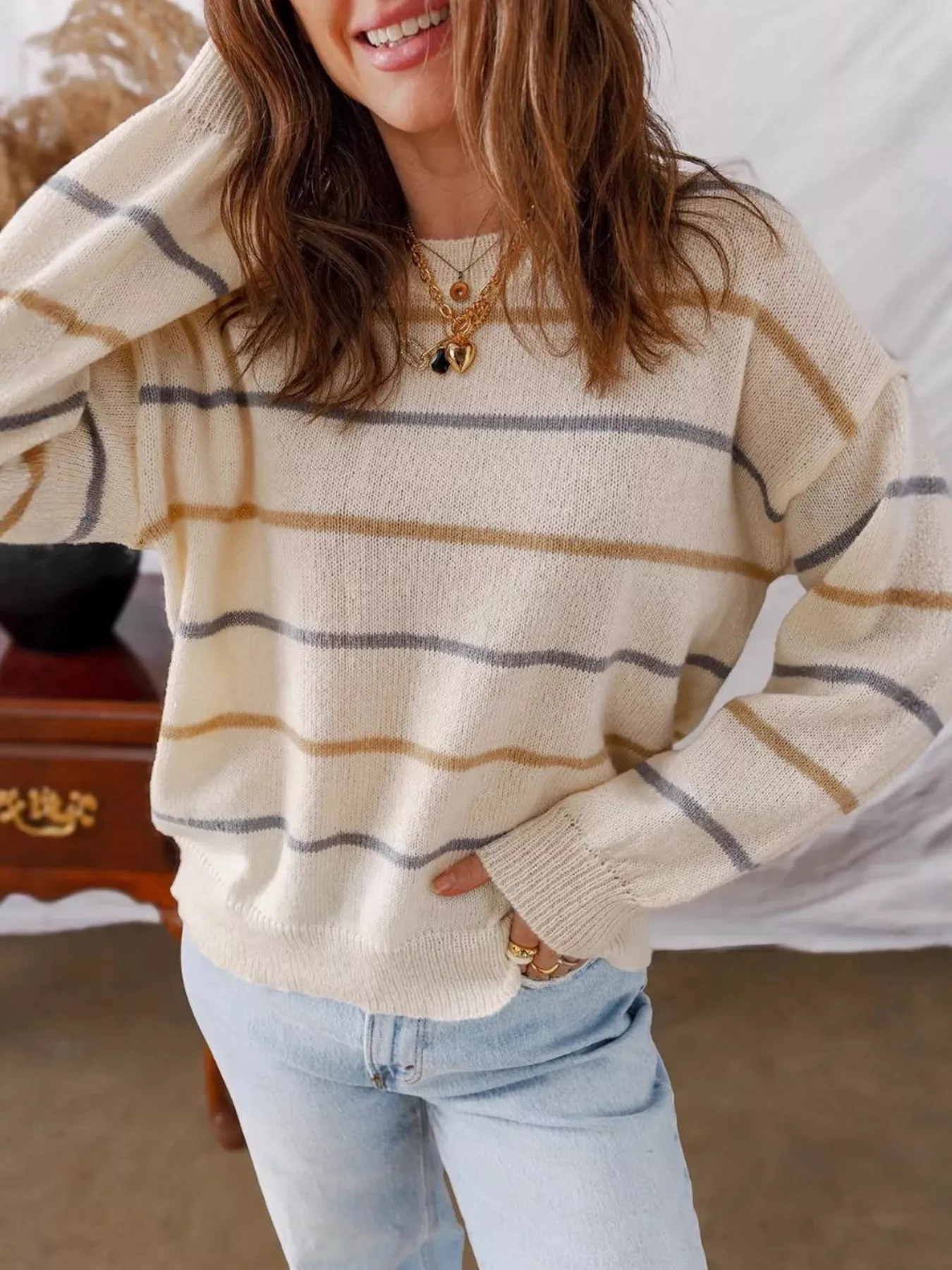 Striped Round Neck Drop Shoulder Sweater - Image 2