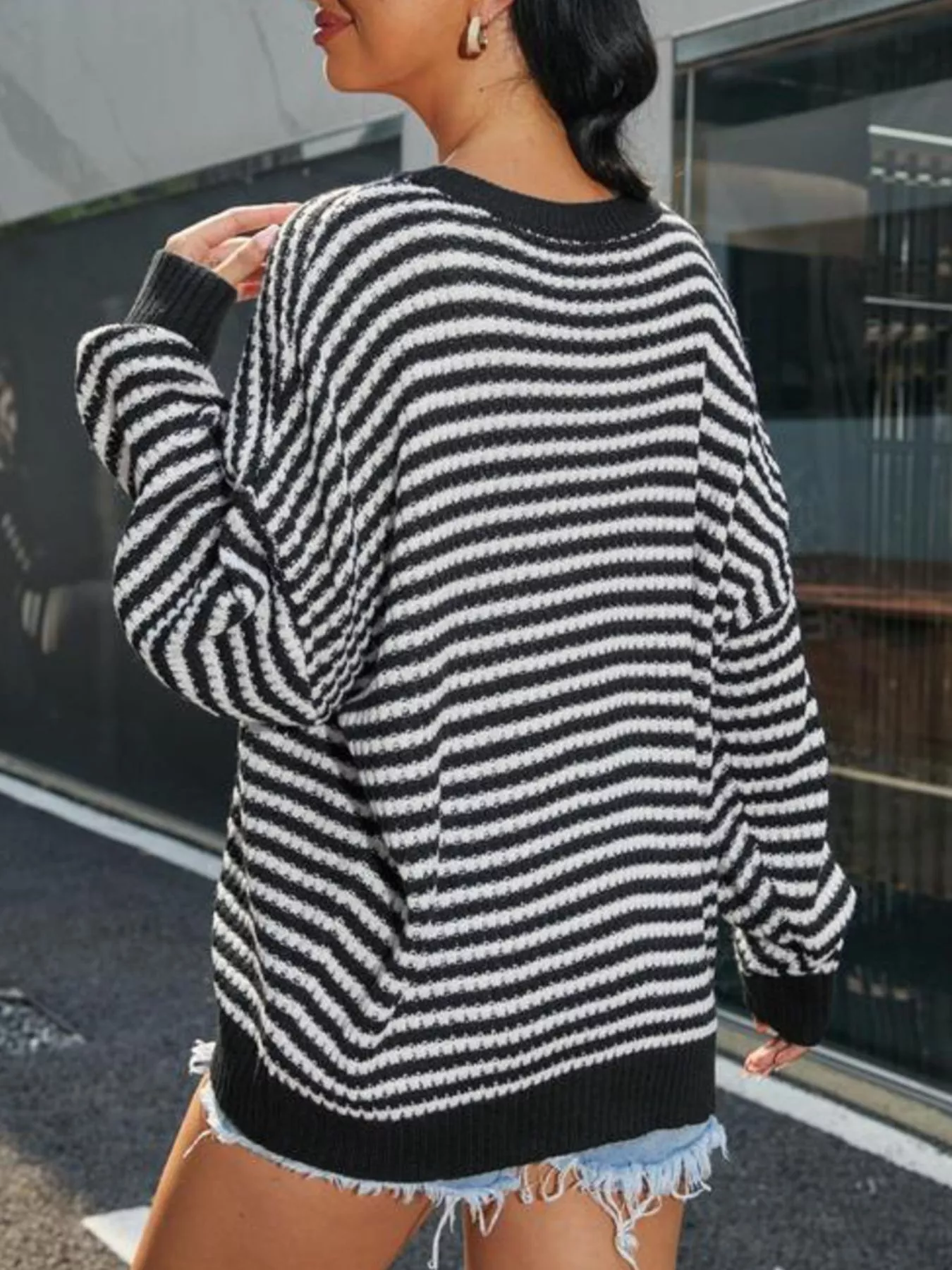 Striped Round Neck Drop Shoulder Sweater - Image 4