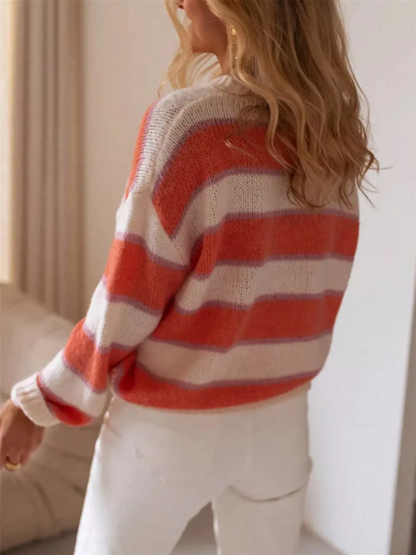 Striped Round Neck Dropped Shoulder Sweater - Image 2
