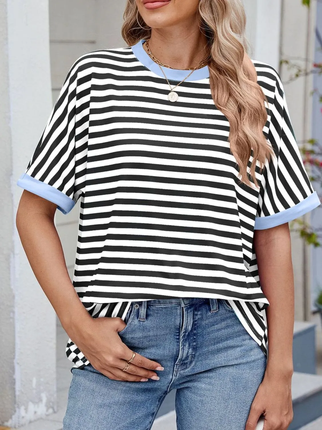 Striped Round Neck Half Sleeve T-Shirt - Image 19