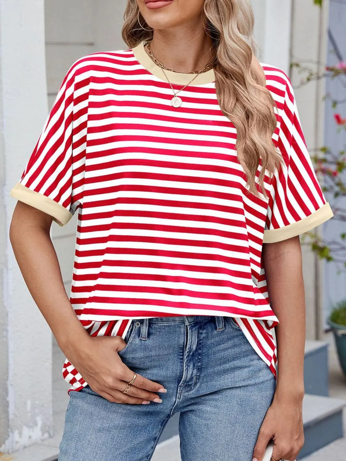 Striped Round Neck Half Sleeve T-Shirt - Image 33
