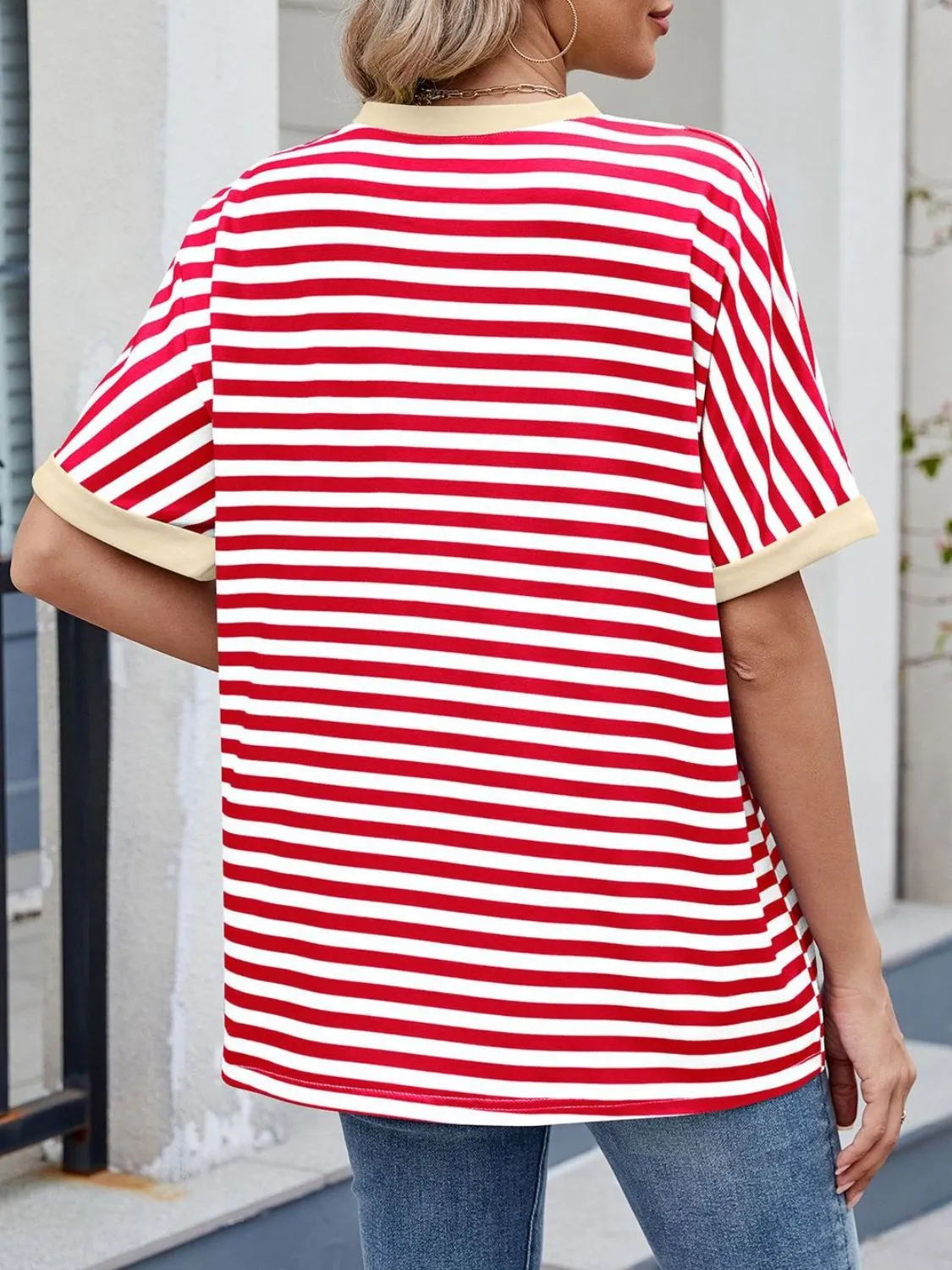 Striped Round Neck Half Sleeve T-Shirt - Image 34