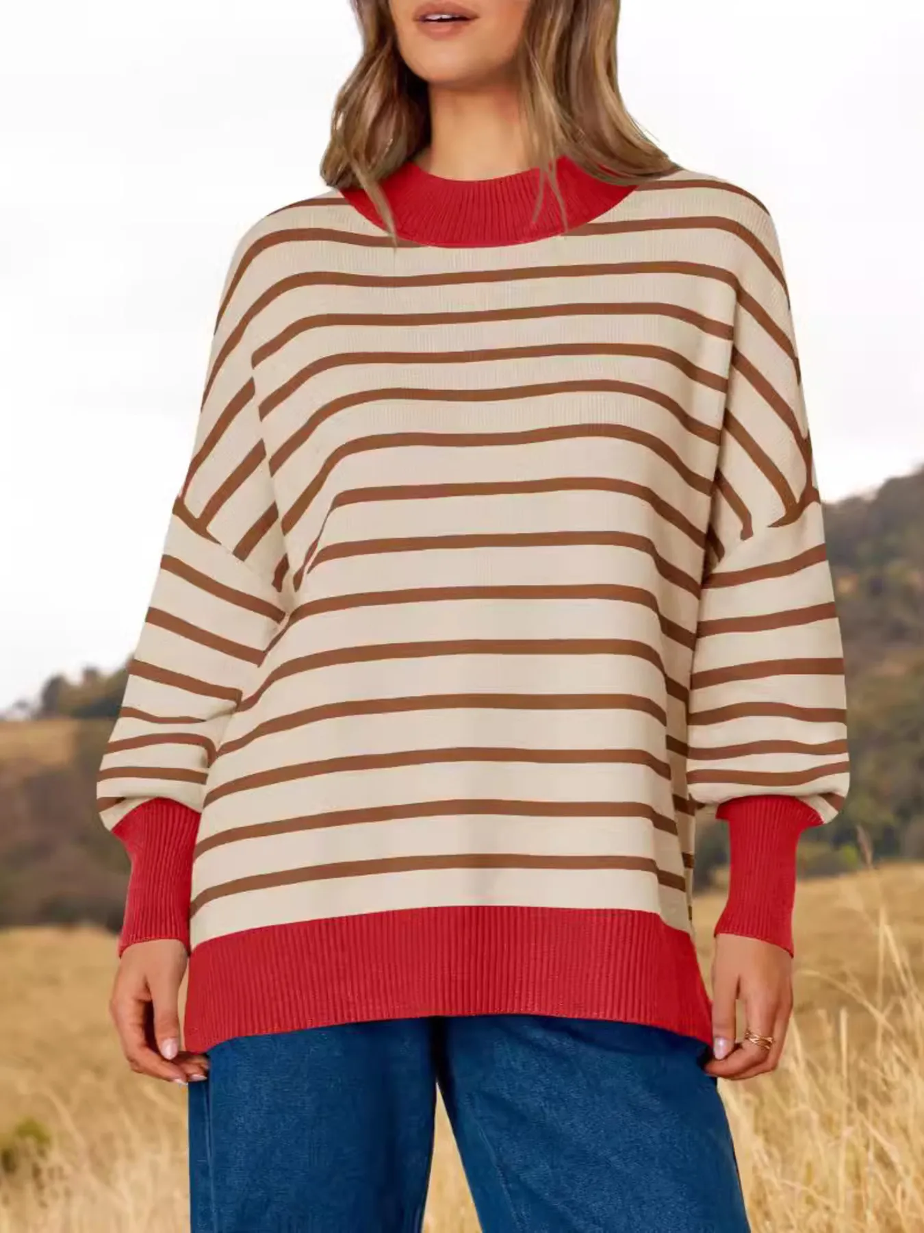 Striped Round Neck Long Sleeve Sweater - Image 3