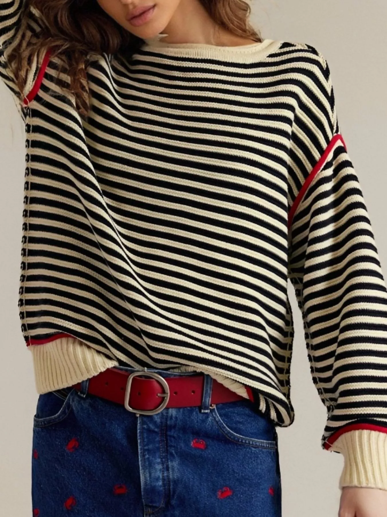 Striped Round Neck Long Sleeve Sweater - Image 9