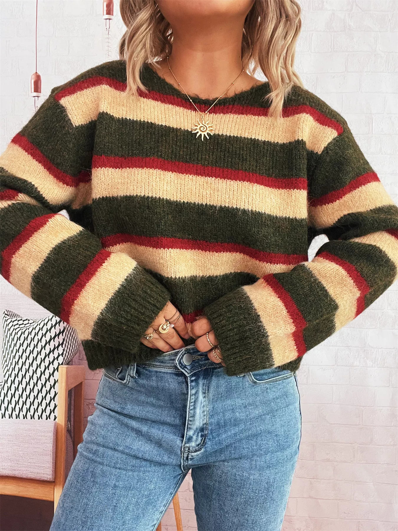 Striped Round Neck Long Sleeve Sweater - Image 6