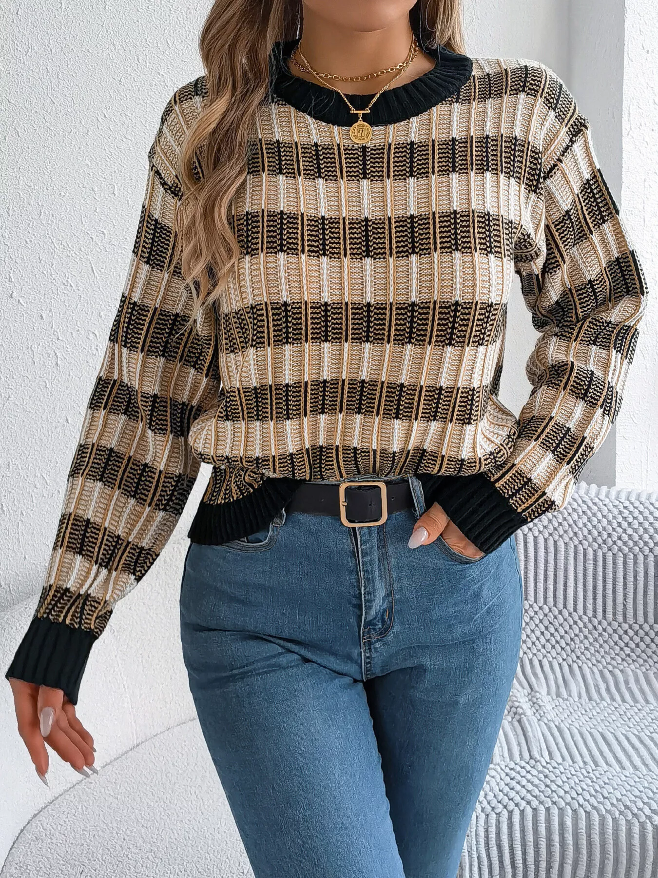 Striped Round Neck Long Sleeve Sweater - Image 7