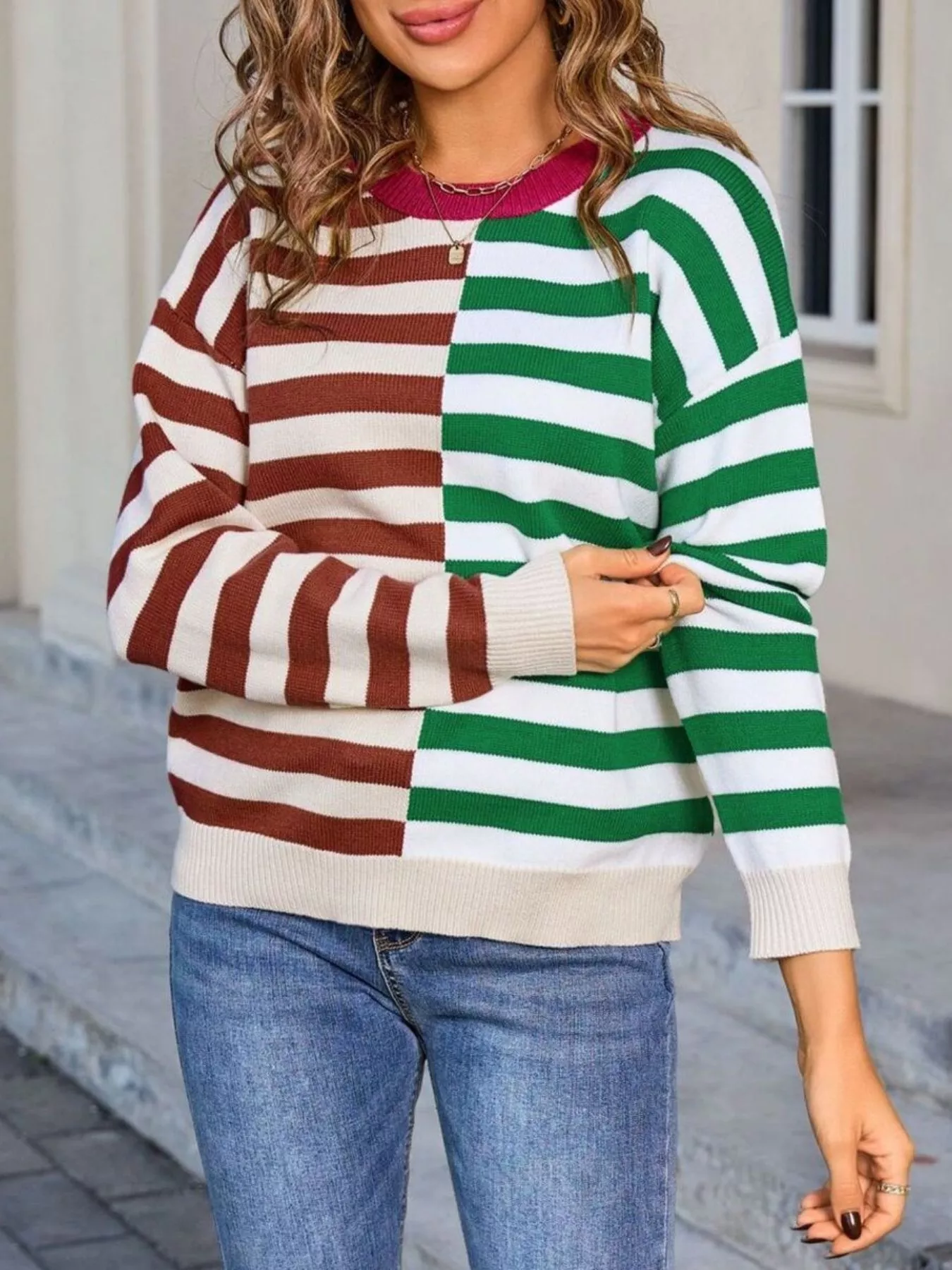 Striped Round Neck Long Sleeve Sweater - Image 10