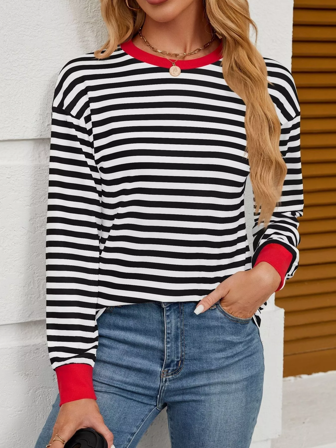 Striped Round Neck Long Sleeve T-Shirt - Image 13