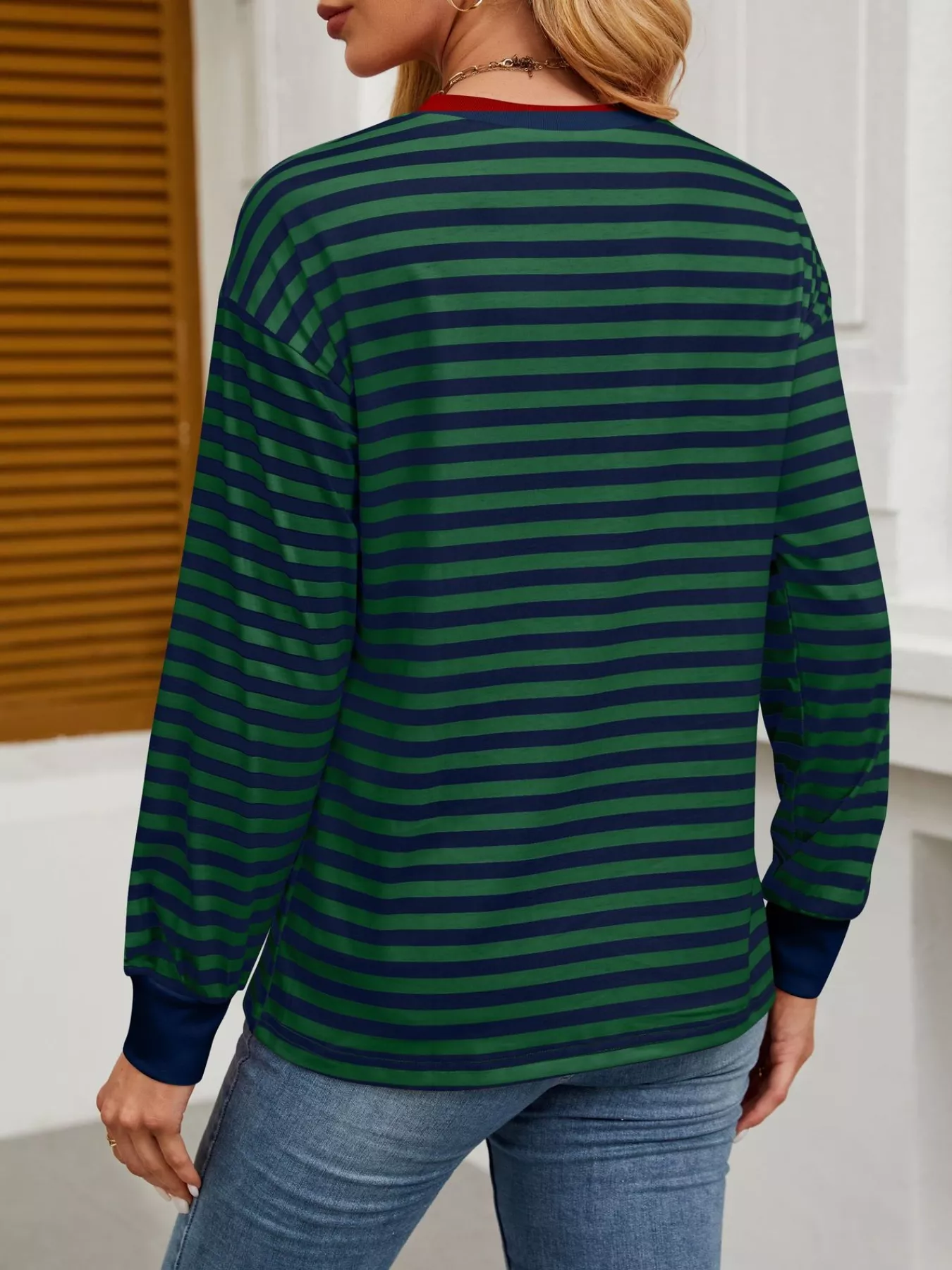 Striped Round Neck Long Sleeve T-Shirt - Image 5
