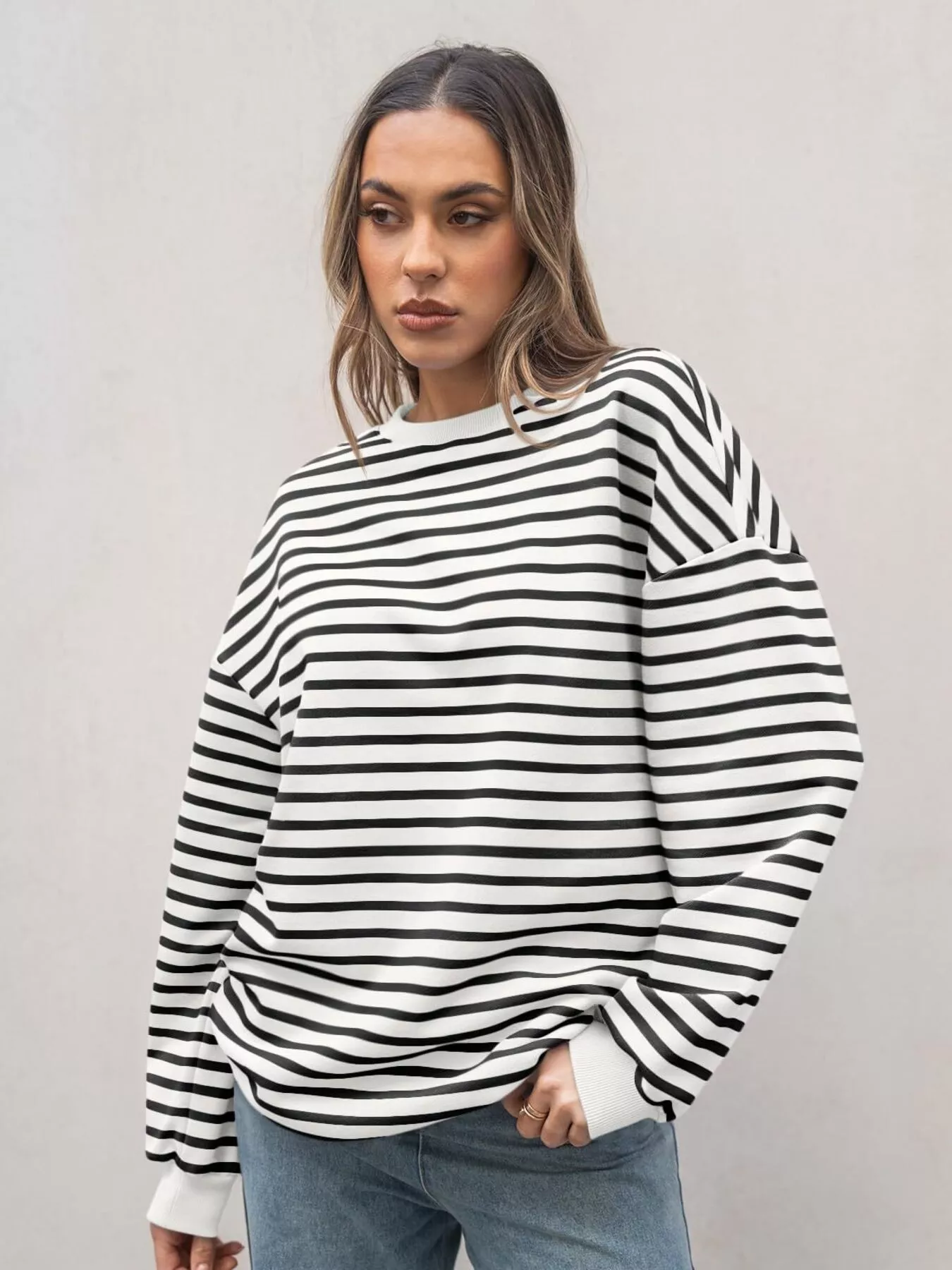 Striped Round Neck Oversized Casual Sweatshirt