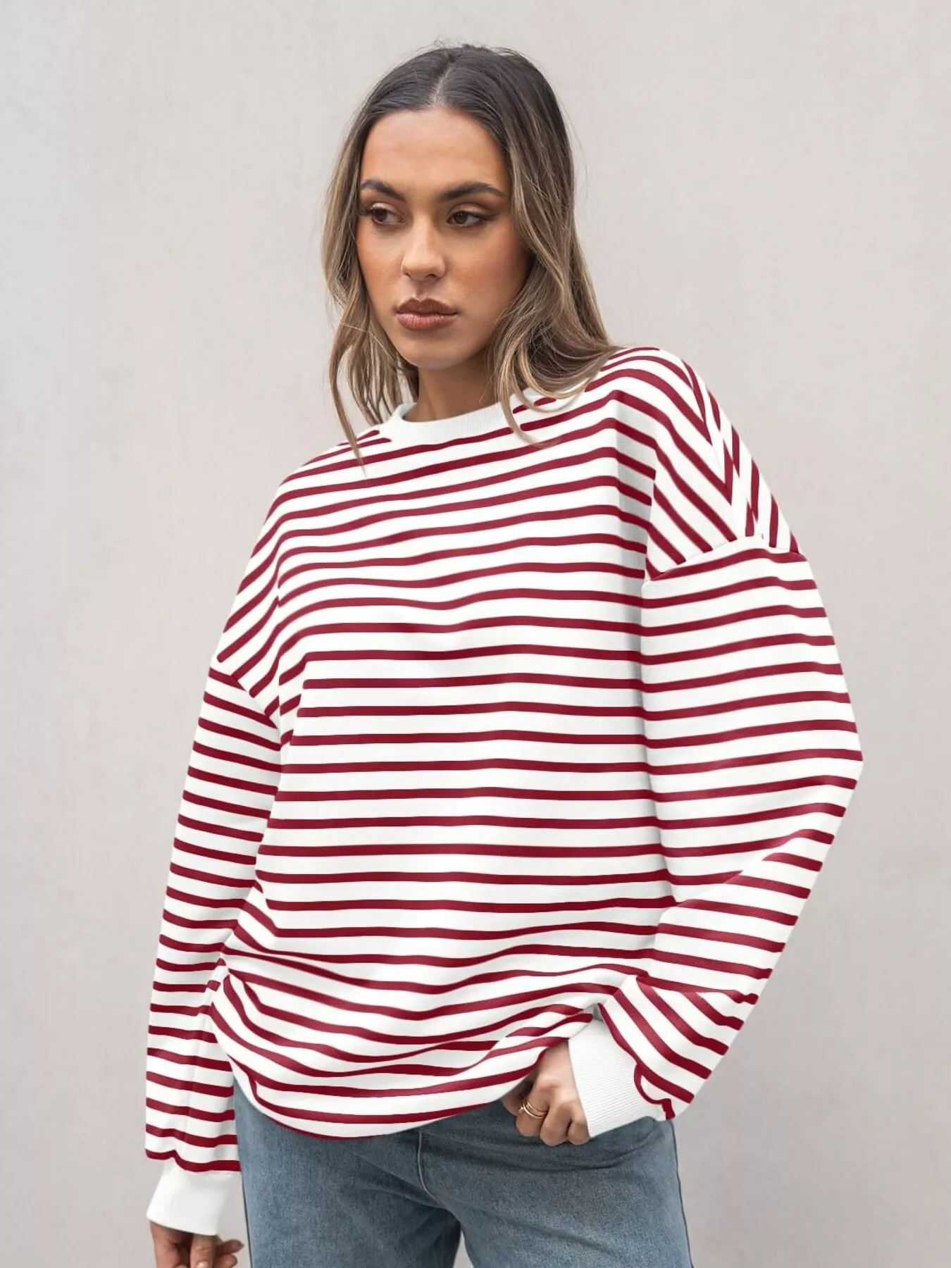 Striped Round Neck Oversized Casual Sweatshirt - Image 11