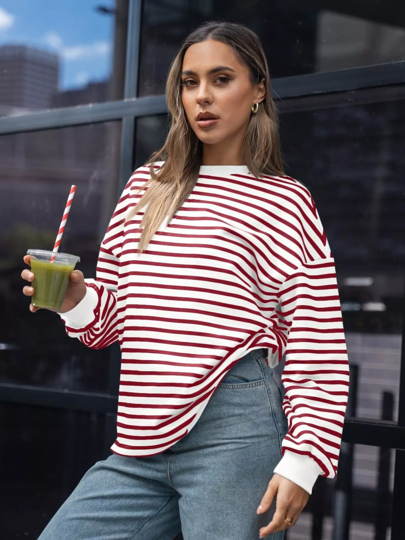 Striped Round Neck Oversized Casual Sweatshirt - Image 12