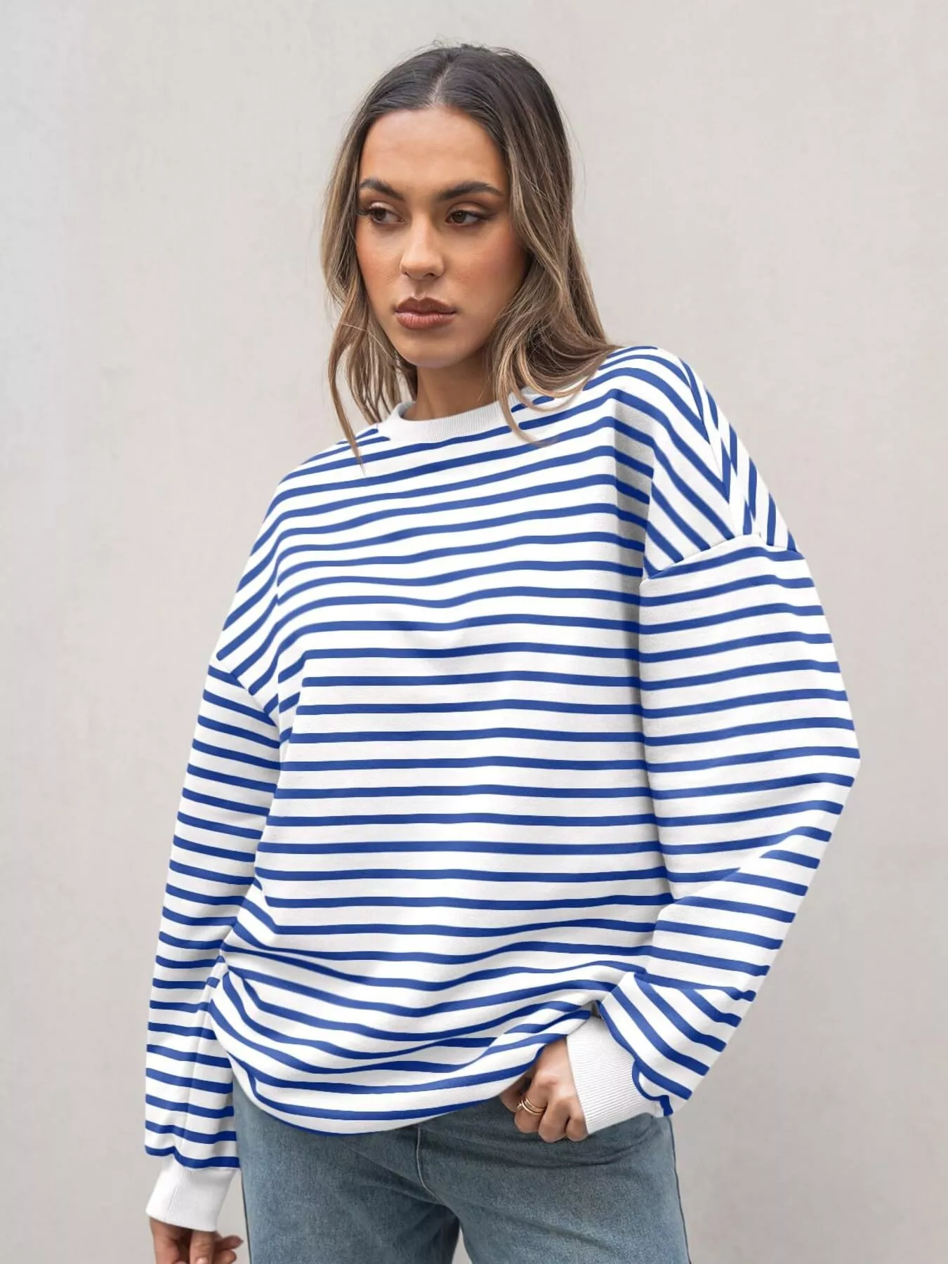 Striped Round Neck Oversized Casual Sweatshirt - Image 17