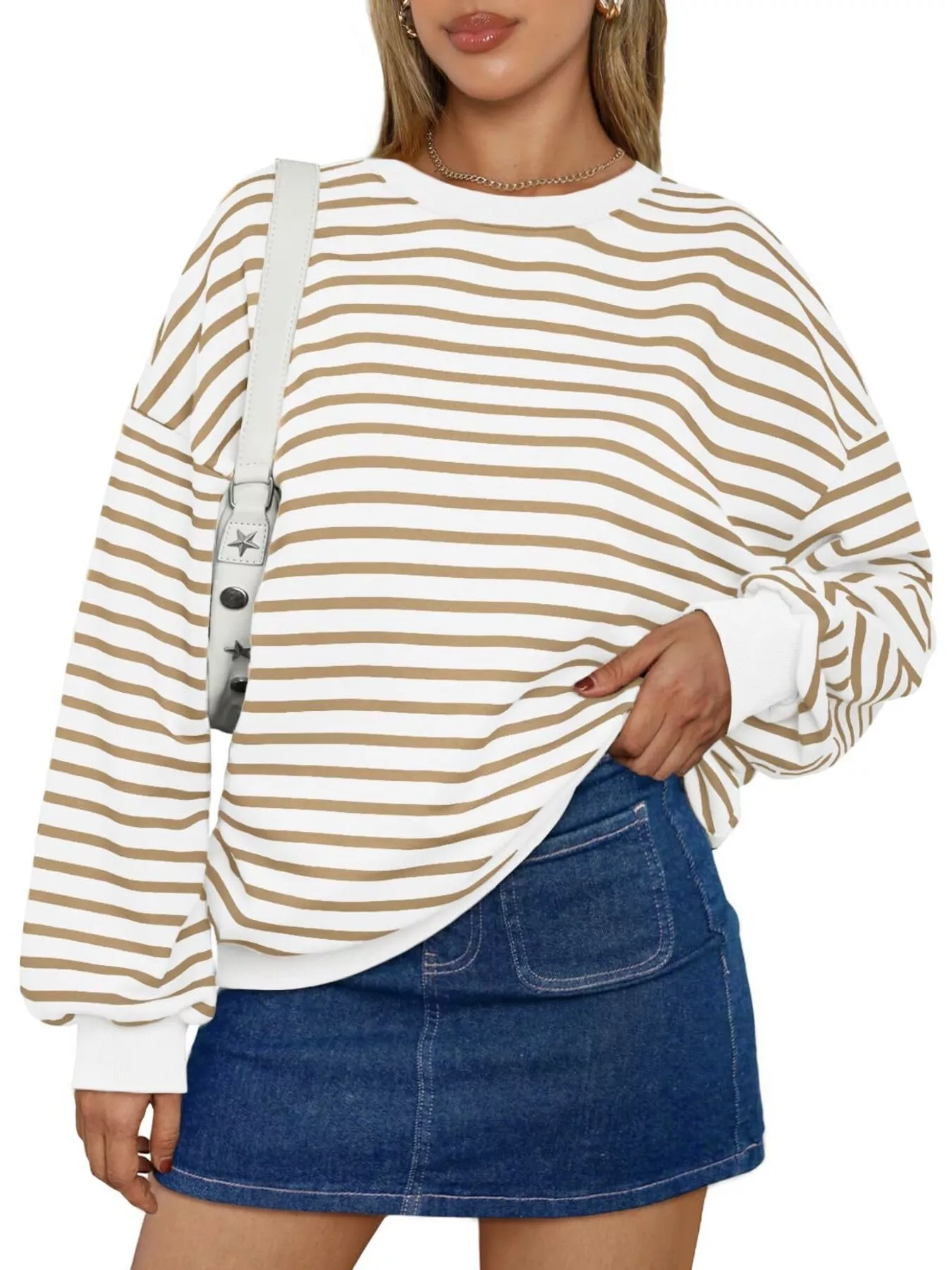 Striped Round Neck Oversized Casual Sweatshirt - Image 25