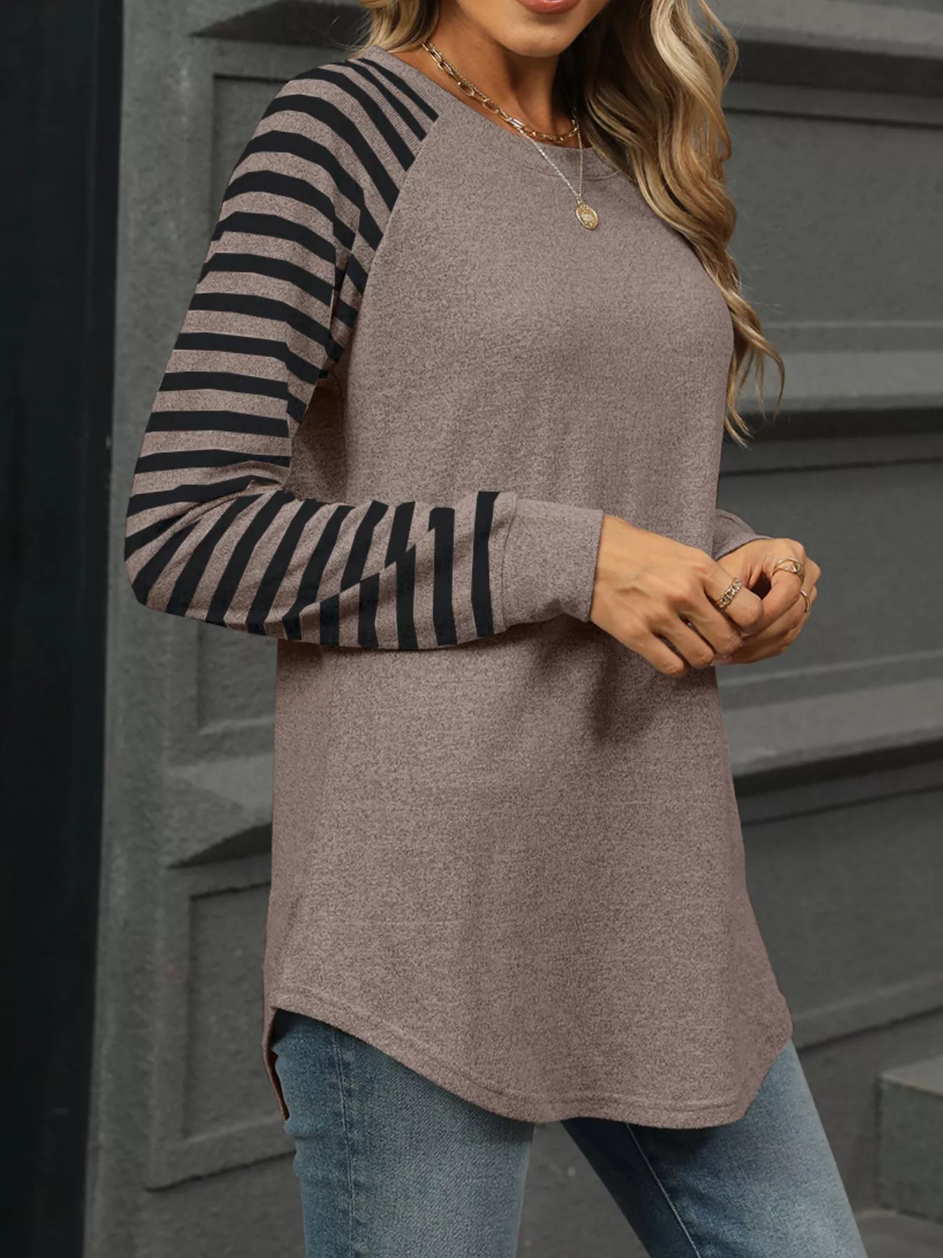 Striped Round Neck Raglan Sleeve T-Shirt - Image 11